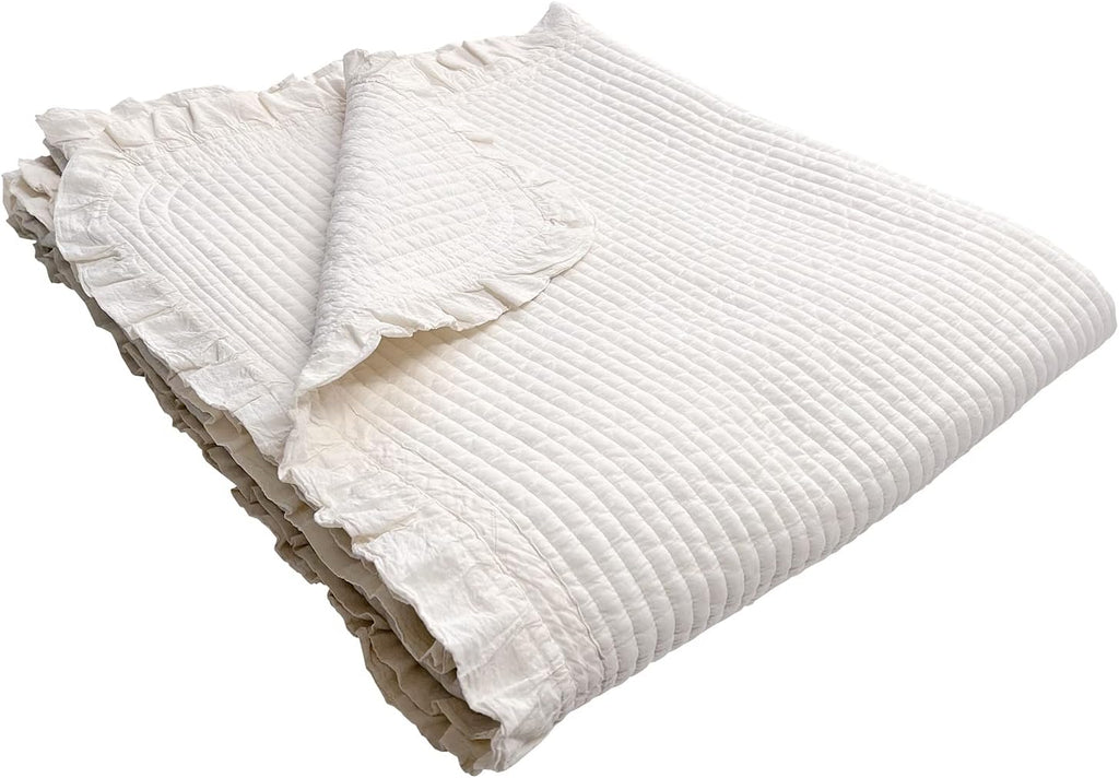 Ivory Frilled Cotton Quilted Coverlet Twin