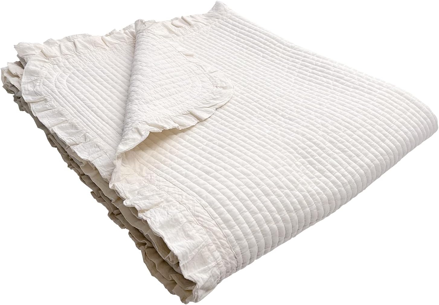 Ivory Frilled Cotton Quilted Coverlet Twin