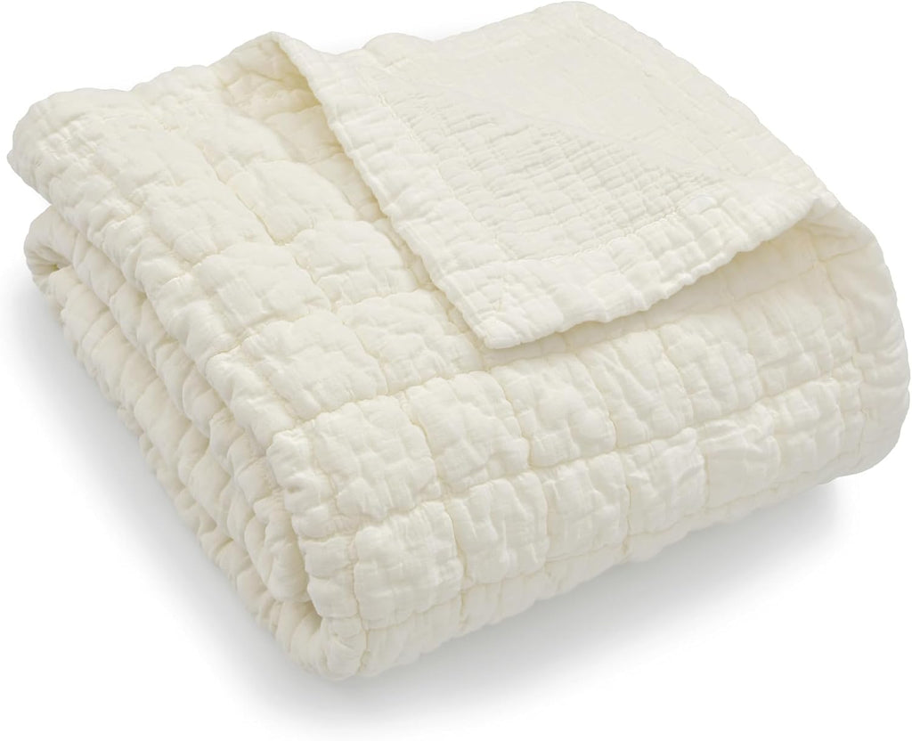 Cream Grid Cotton Quilted Throw Blanket