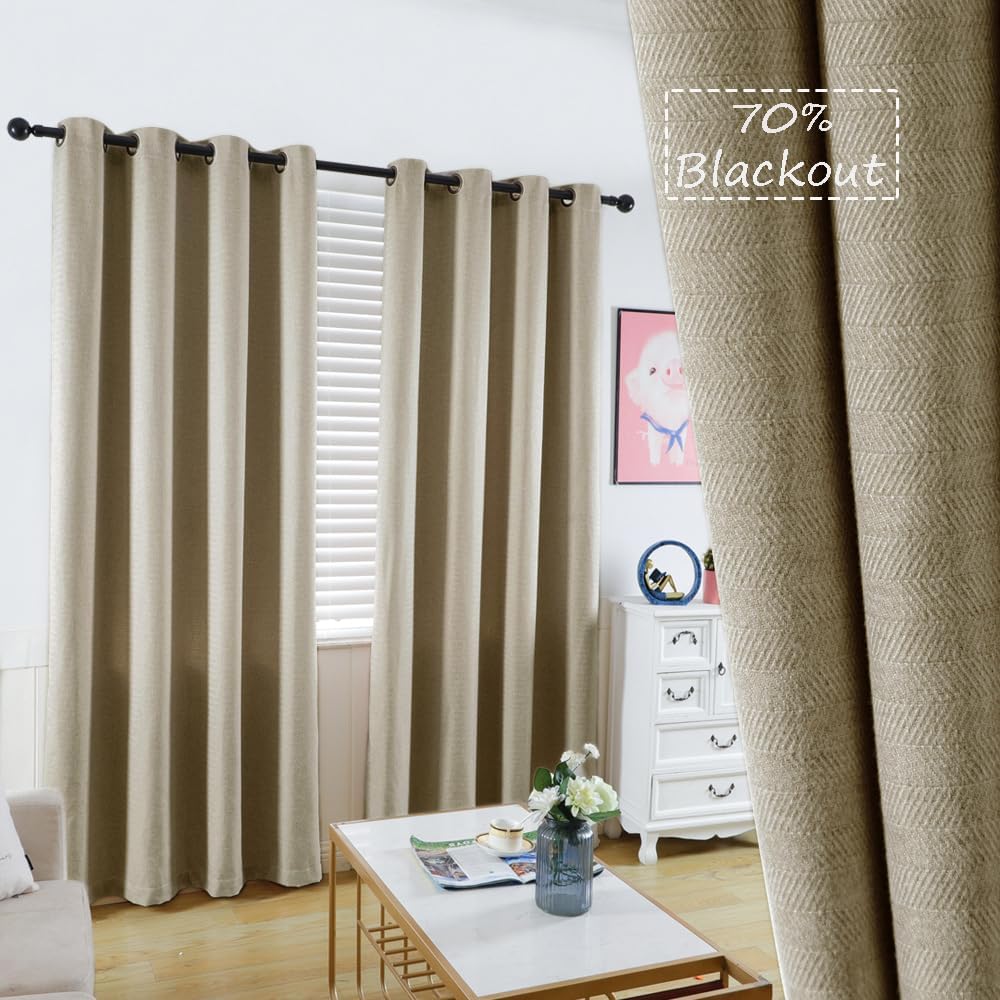 Beige Herringbone Thermal Room Darkening Curtains 2 Pack