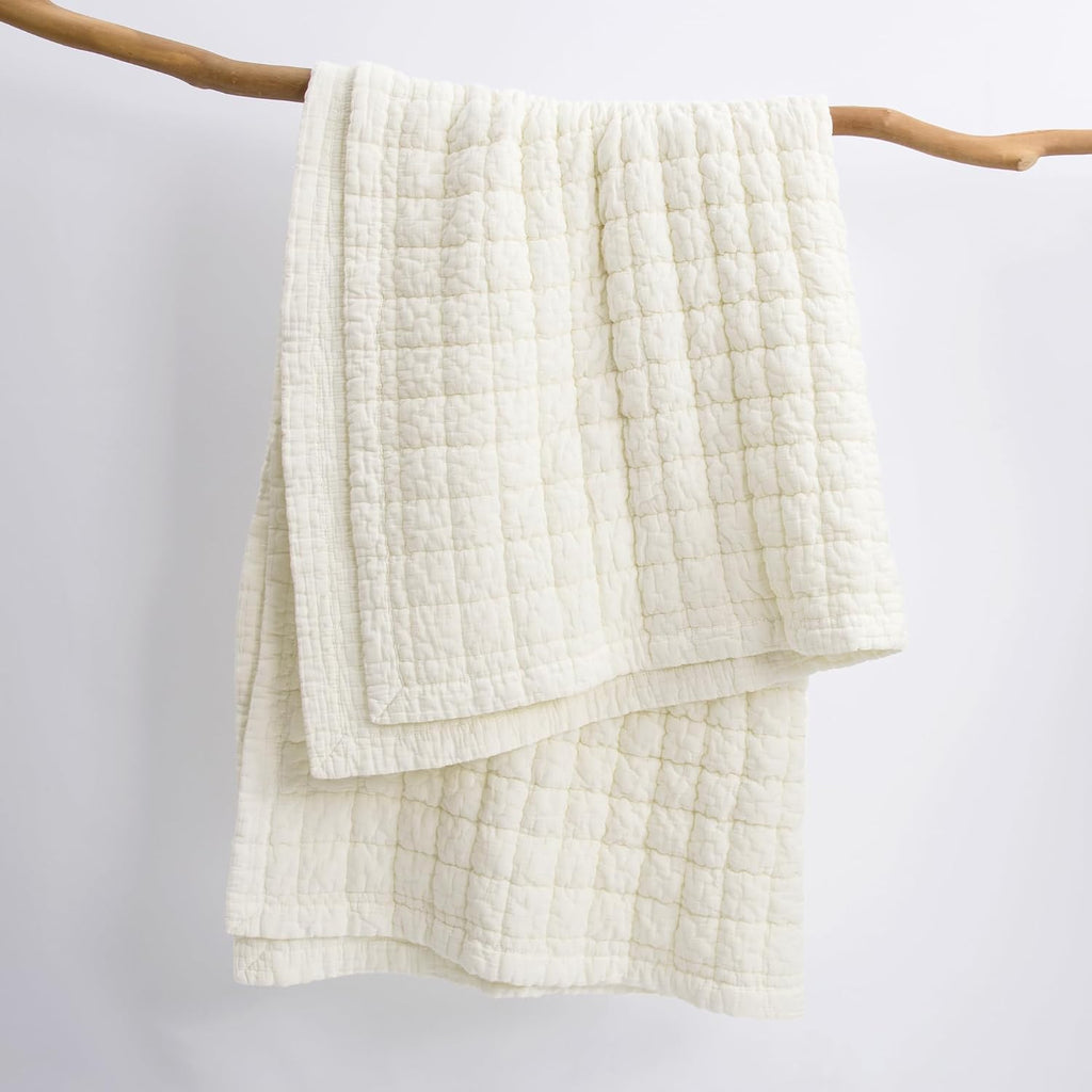 Cream Grid Cotton Quilted Throw Blanket