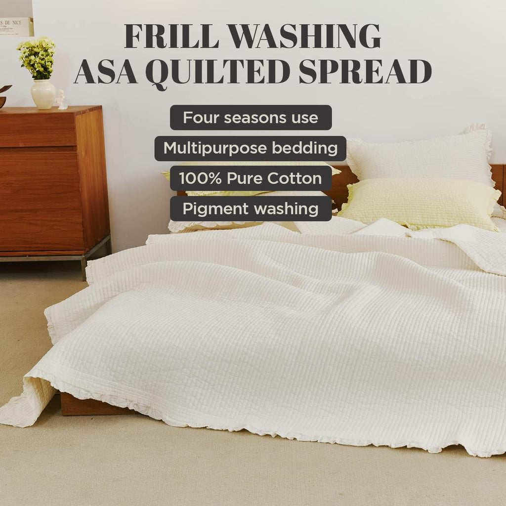 Ivory Frilled Cotton Quilted Coverlet Twin