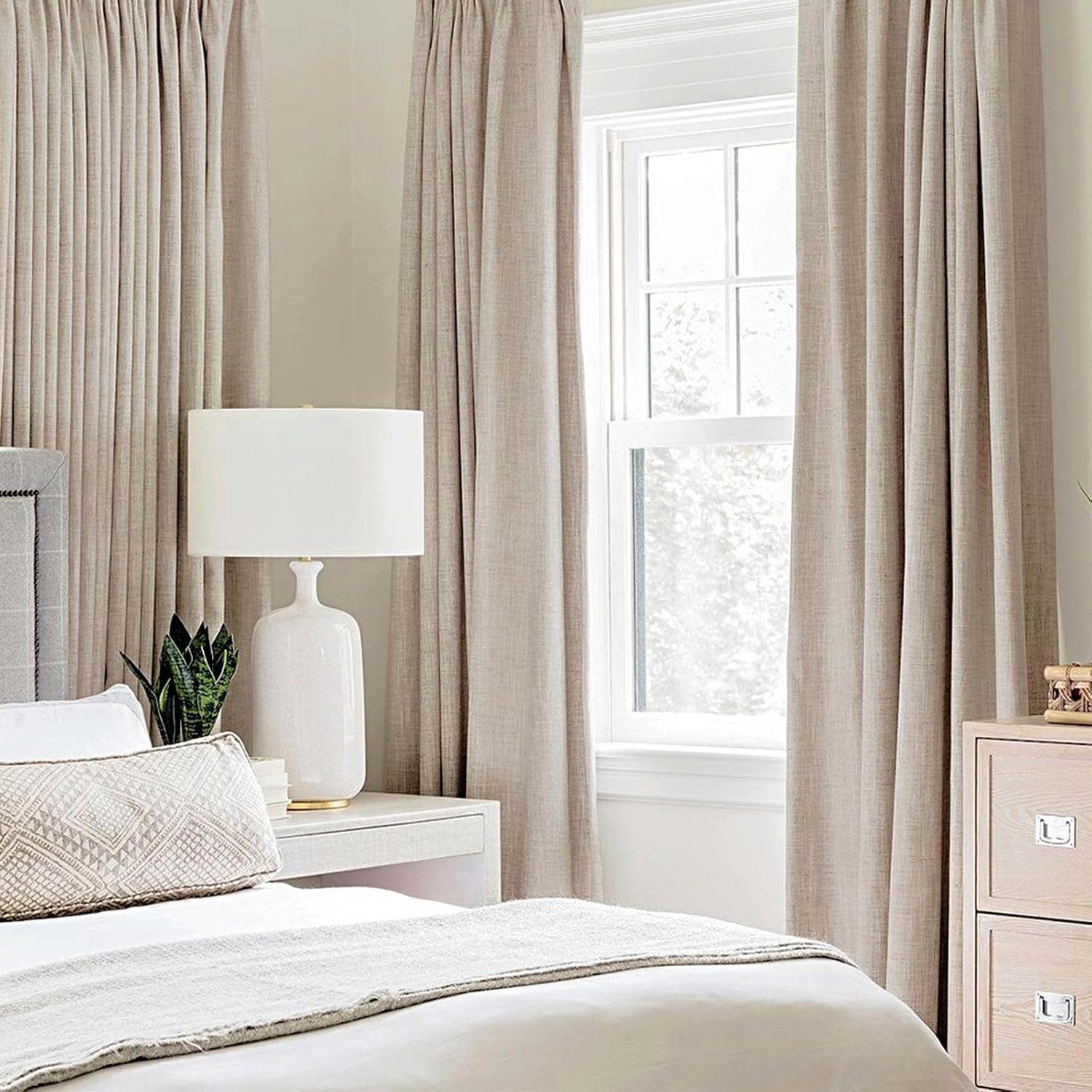 Natural Beige Linen Blackout Grommet Curtains 2 Pack