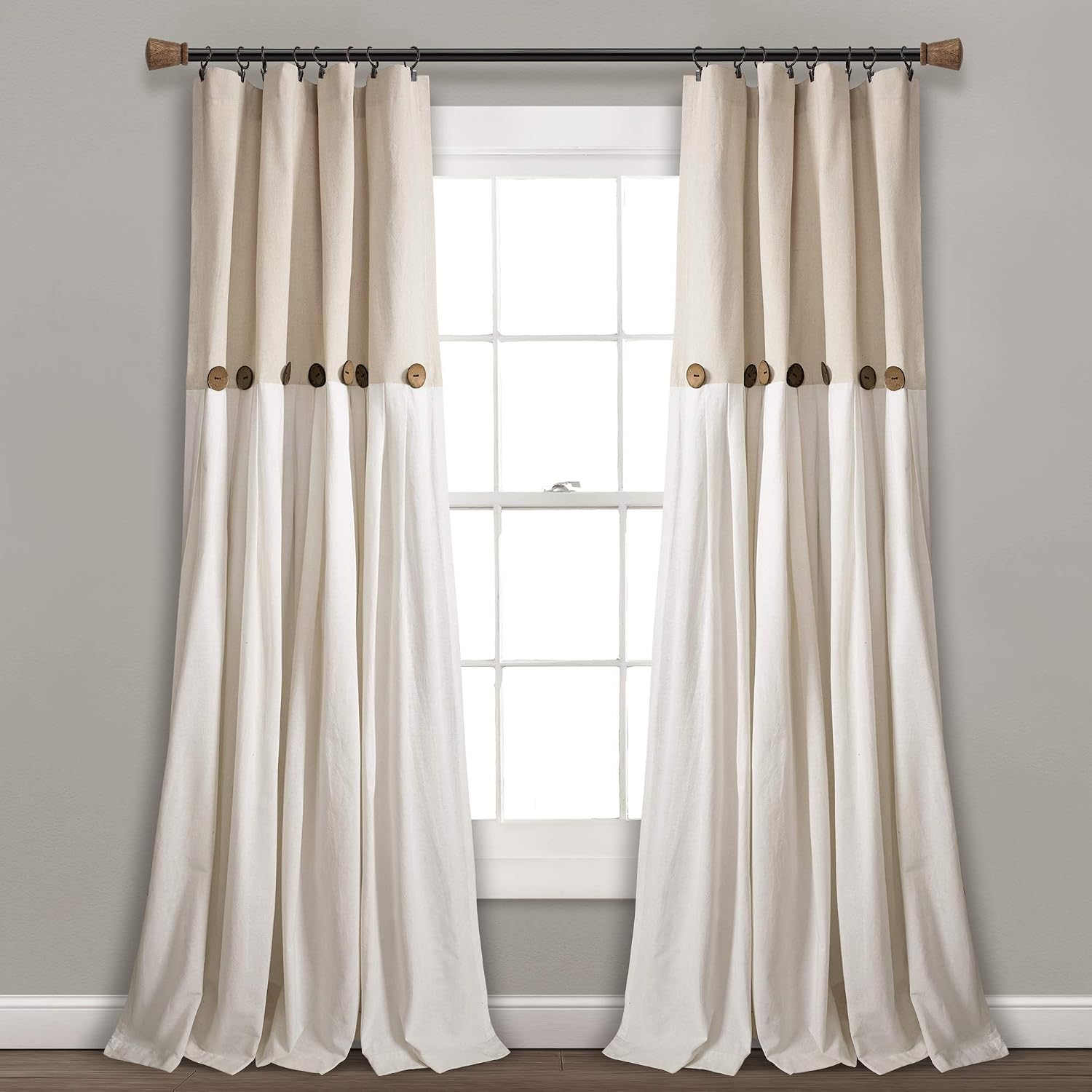 Color Block Linen Button Farmhouse Curtain Single Panel