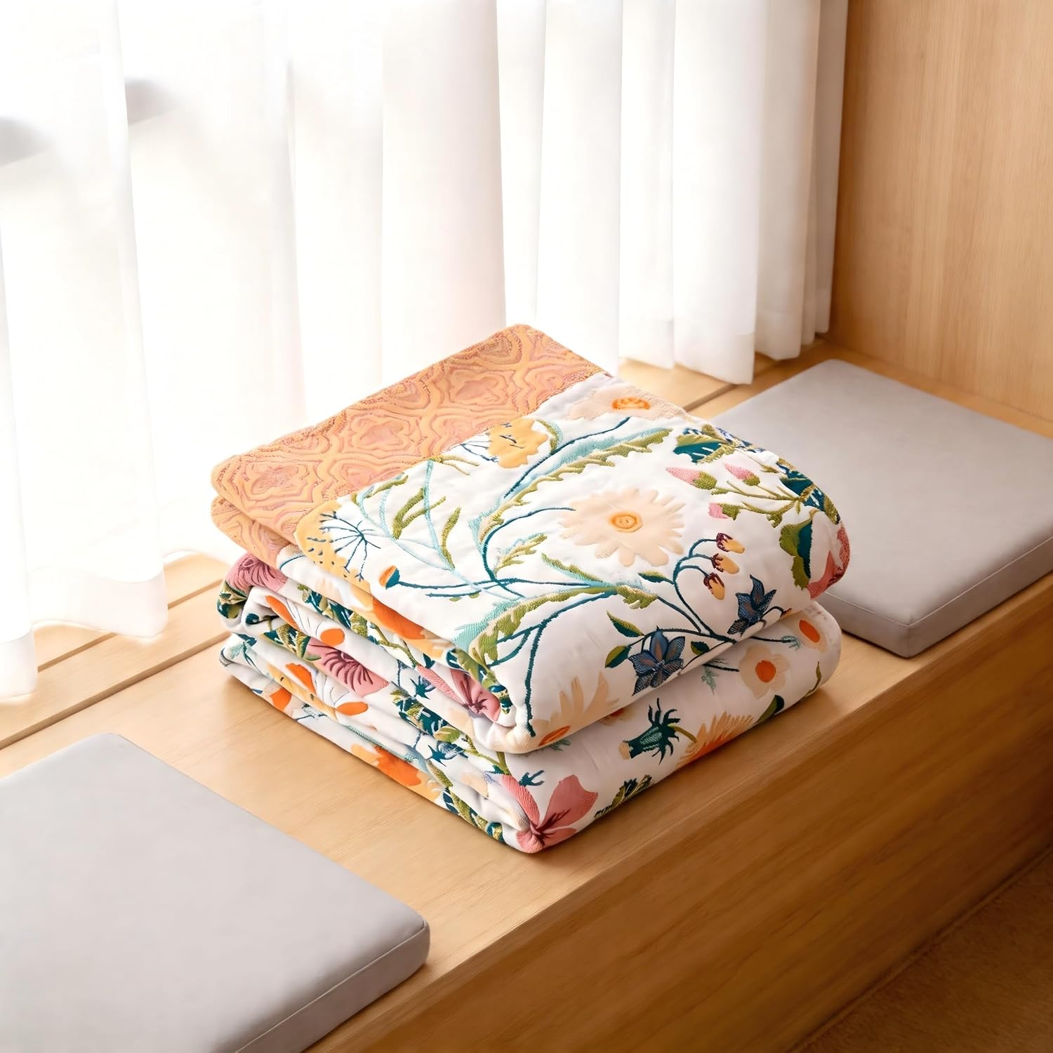 90x90 Floral Cotton Quilted Throw Blanket