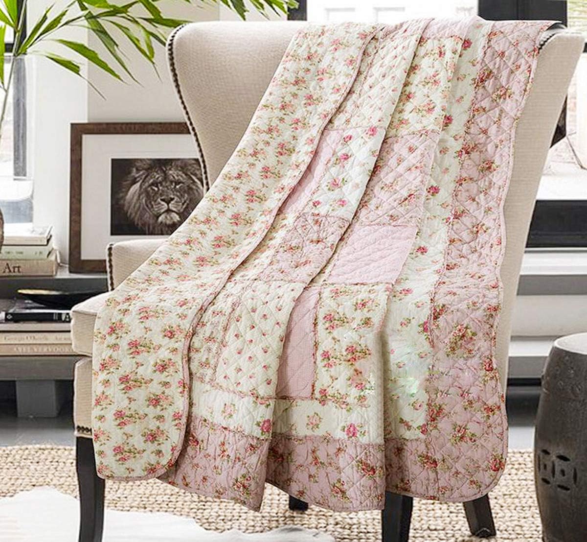 Pink Floral Patchwork Cotton Quilt Throw Blanket