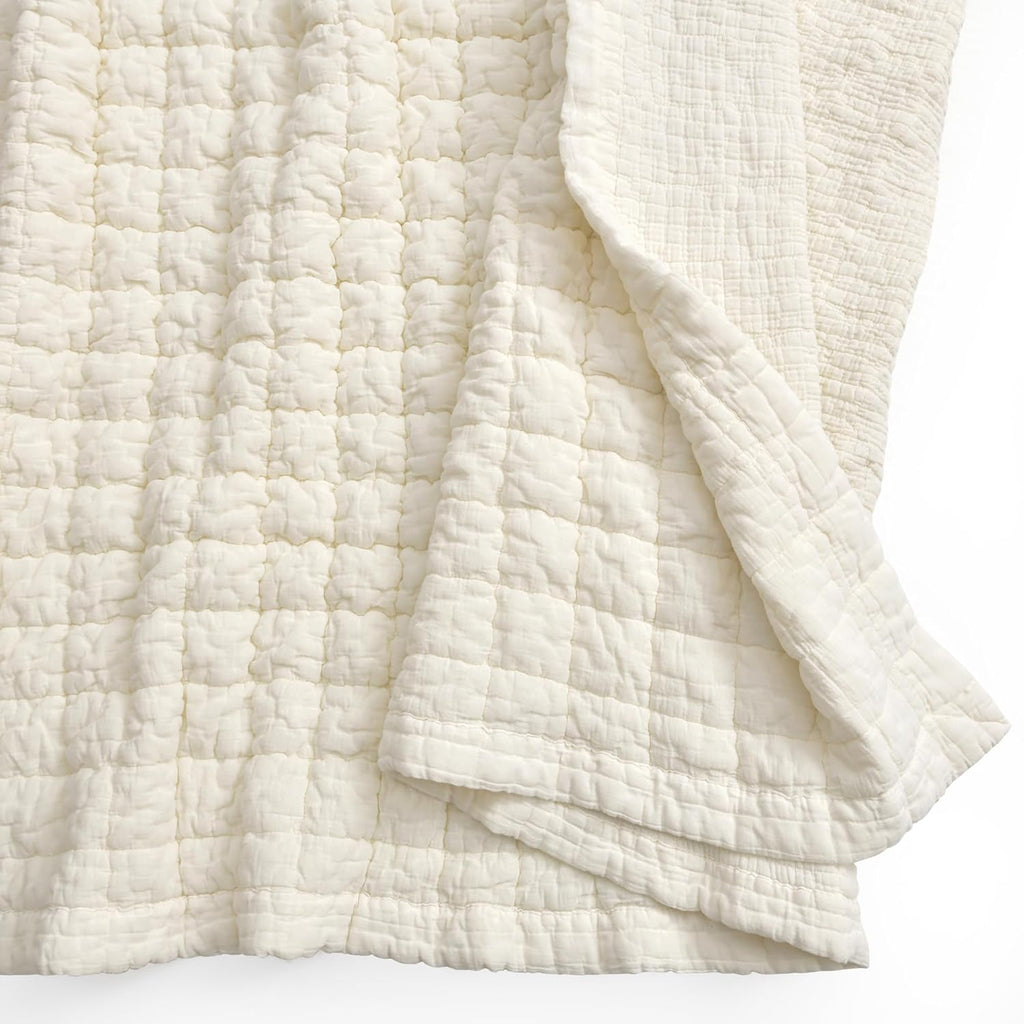 Cream Grid Cotton Quilted Throw Blanket