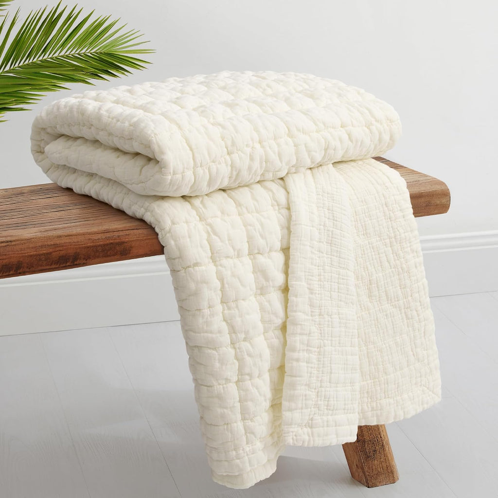 Cream Grid Cotton Quilted Throw Blanket