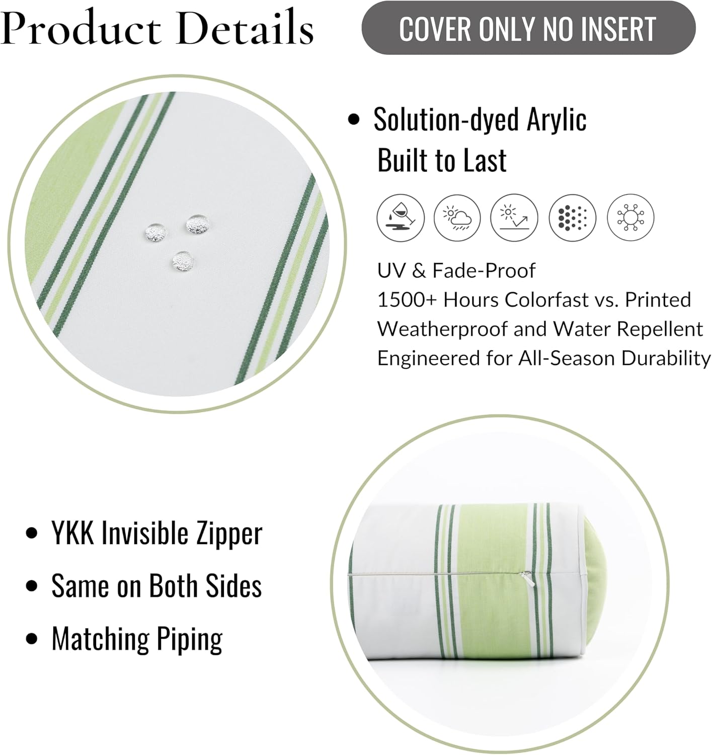 Striped Green Outdoor Bolster Pillow Cover