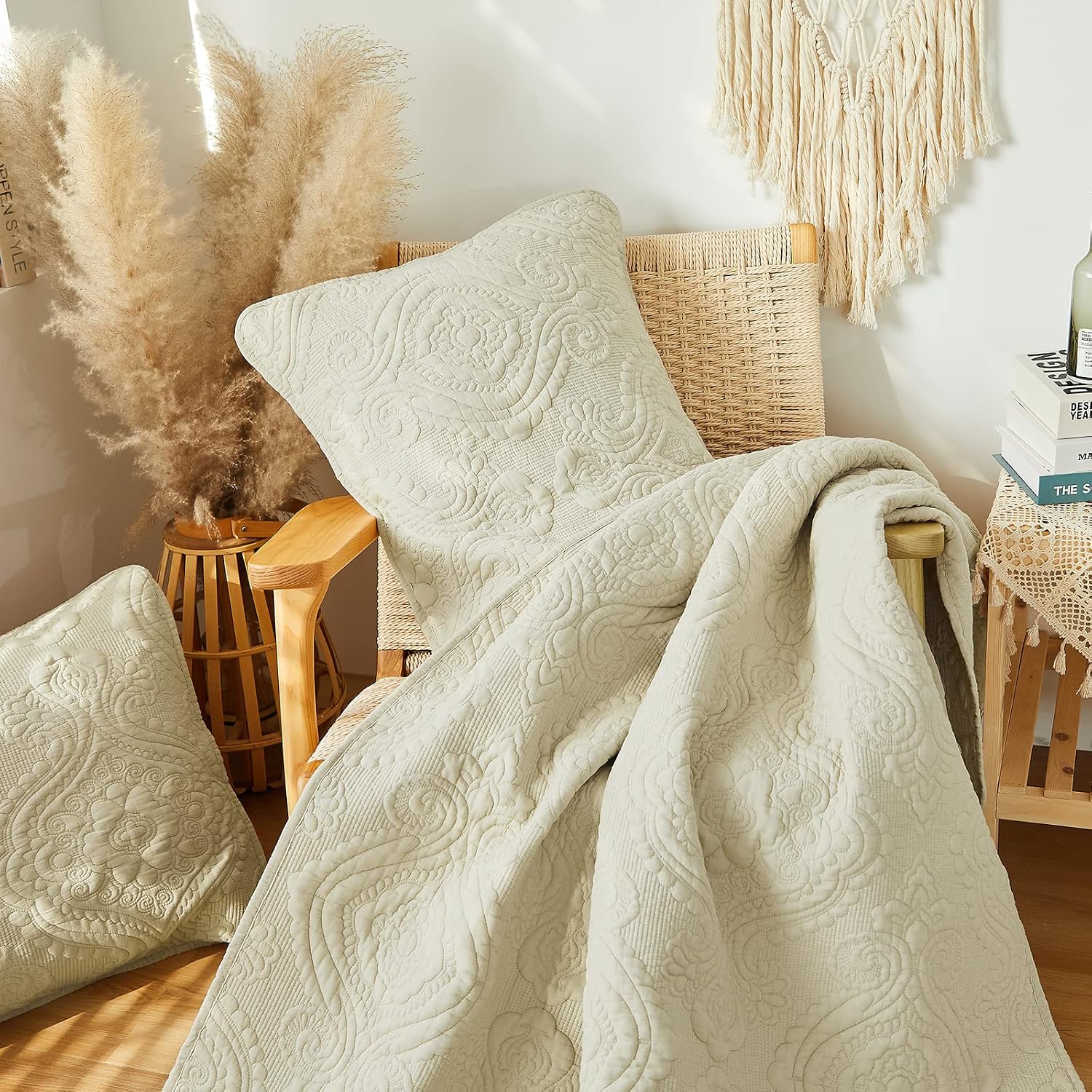 Beige Damask Cotton Quilted Throw Blanket