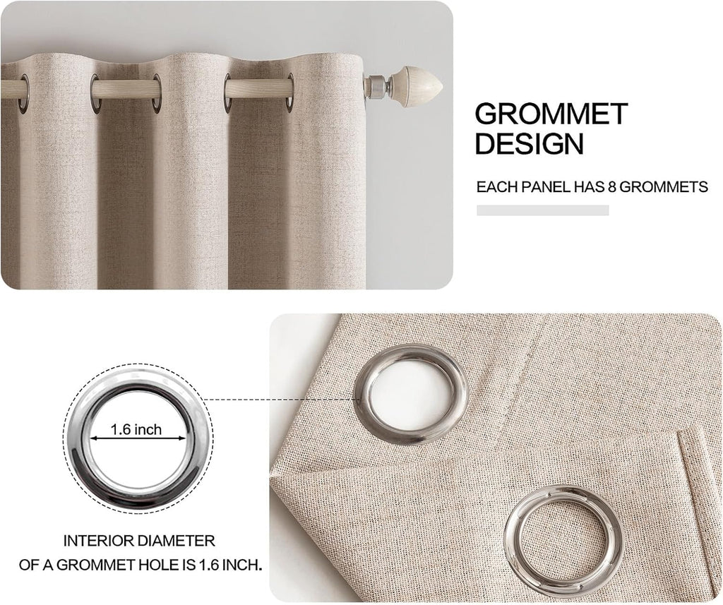 Natural Beige Linen Blackout Grommet Curtains 2 Pack