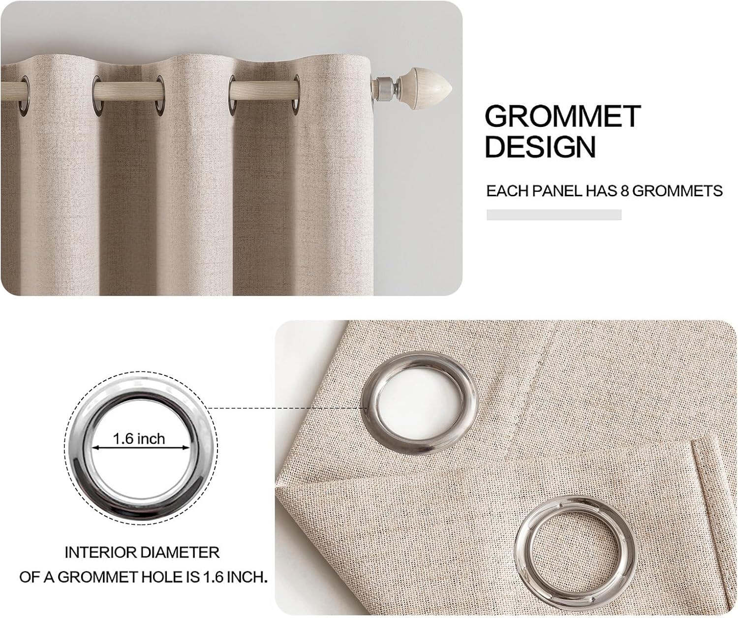 Natural Beige Linen Blackout Grommet Curtains 2 Pack
