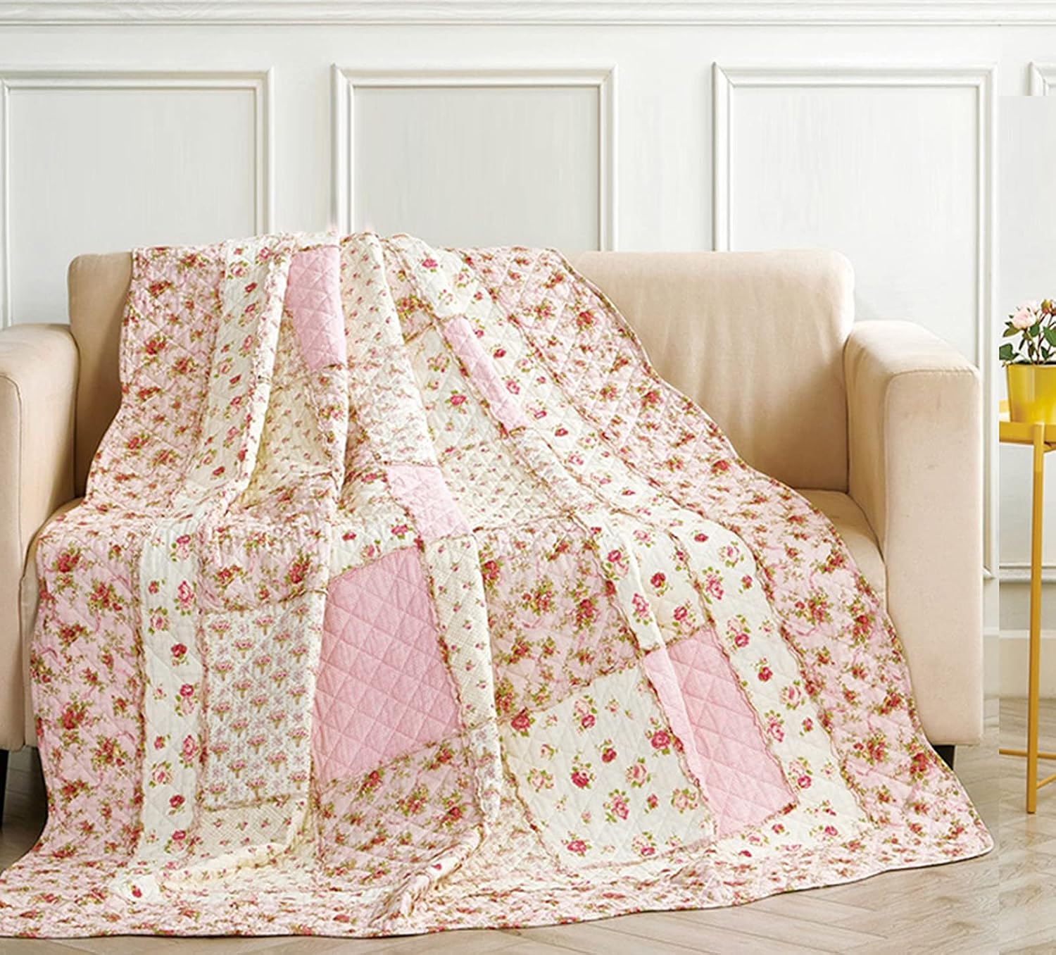 Pink Floral Patchwork Cotton Quilt Throw Blanket
