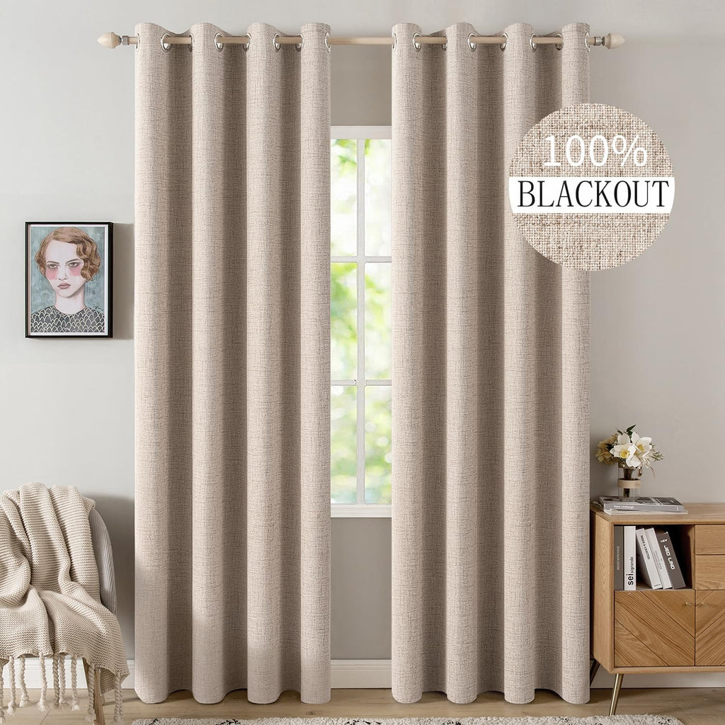 Natural Beige Linen Blackout Grommet Curtains 2 Pack