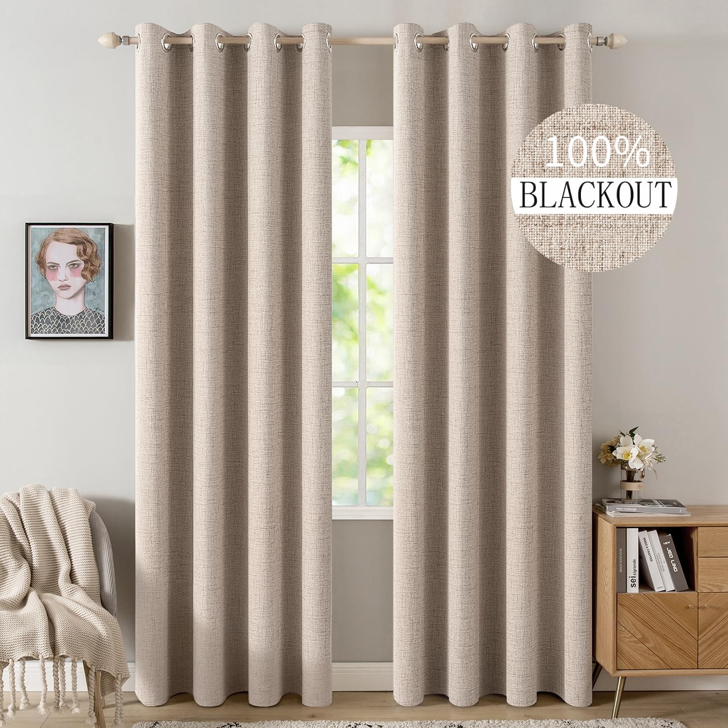 Natural Beige Linen Blackout Grommet Curtains 2 Pack