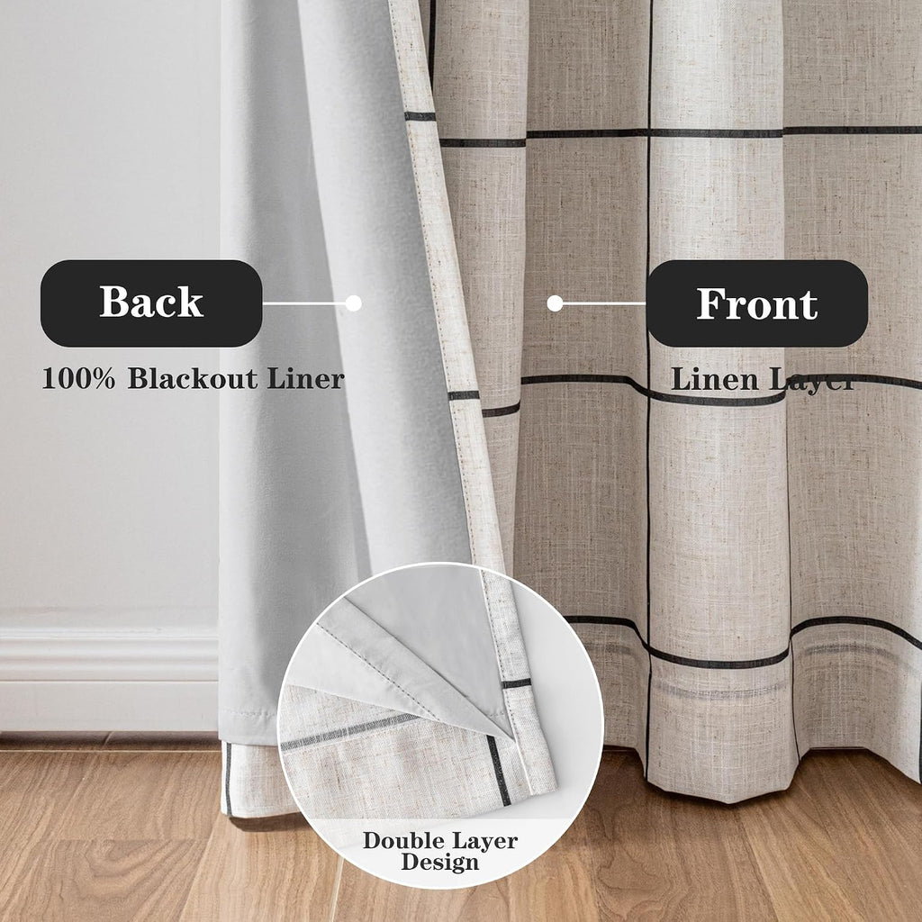 Black Plaid Linen Blackout Curtain 1 Panel