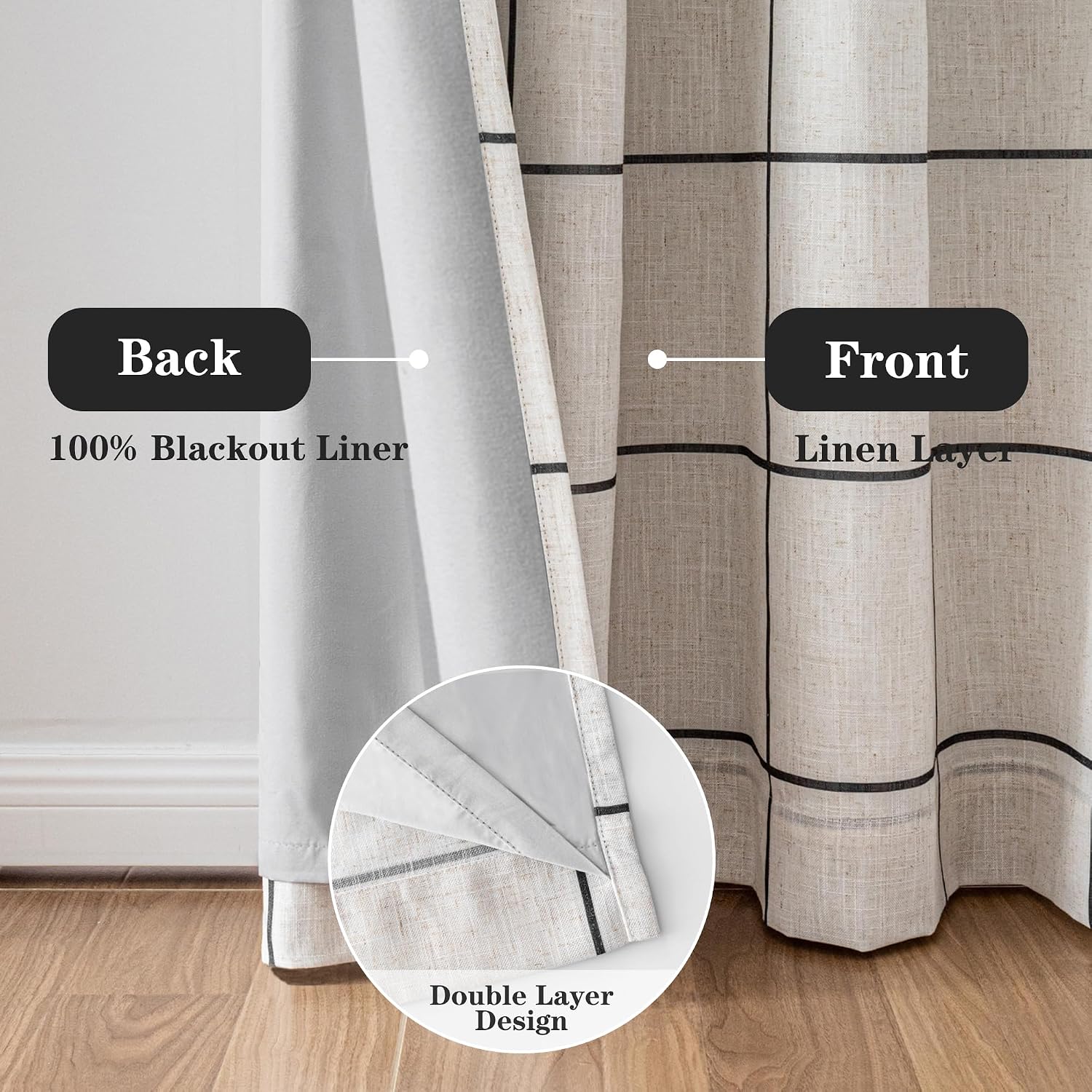 Black Plaid Linen Blackout Curtain 1 Panel