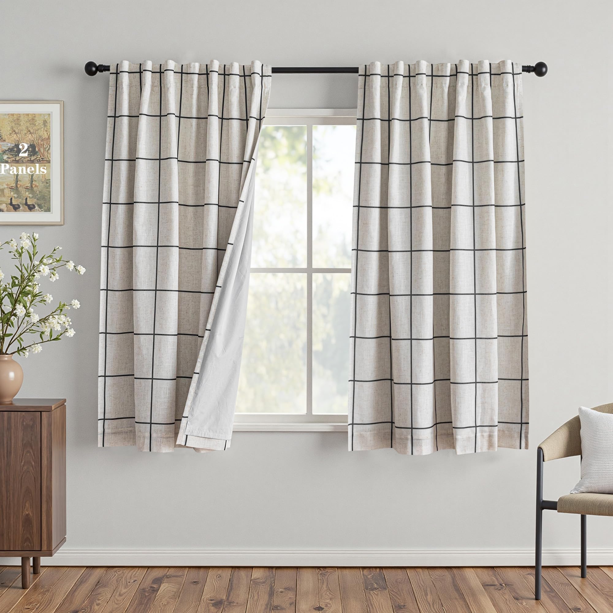 Black Plaid Linen Blackout Curtain 1 Panel