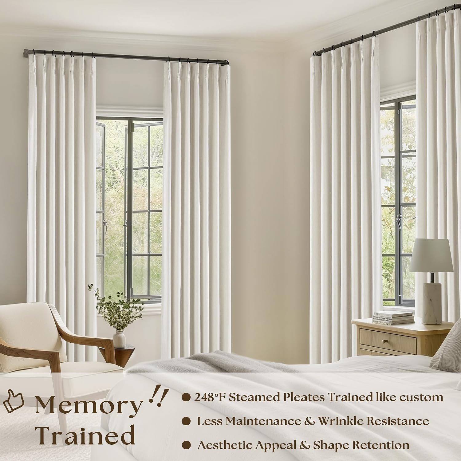 Natural Cream Pinch Pleat Linen Blackout Curtains 2 Pack