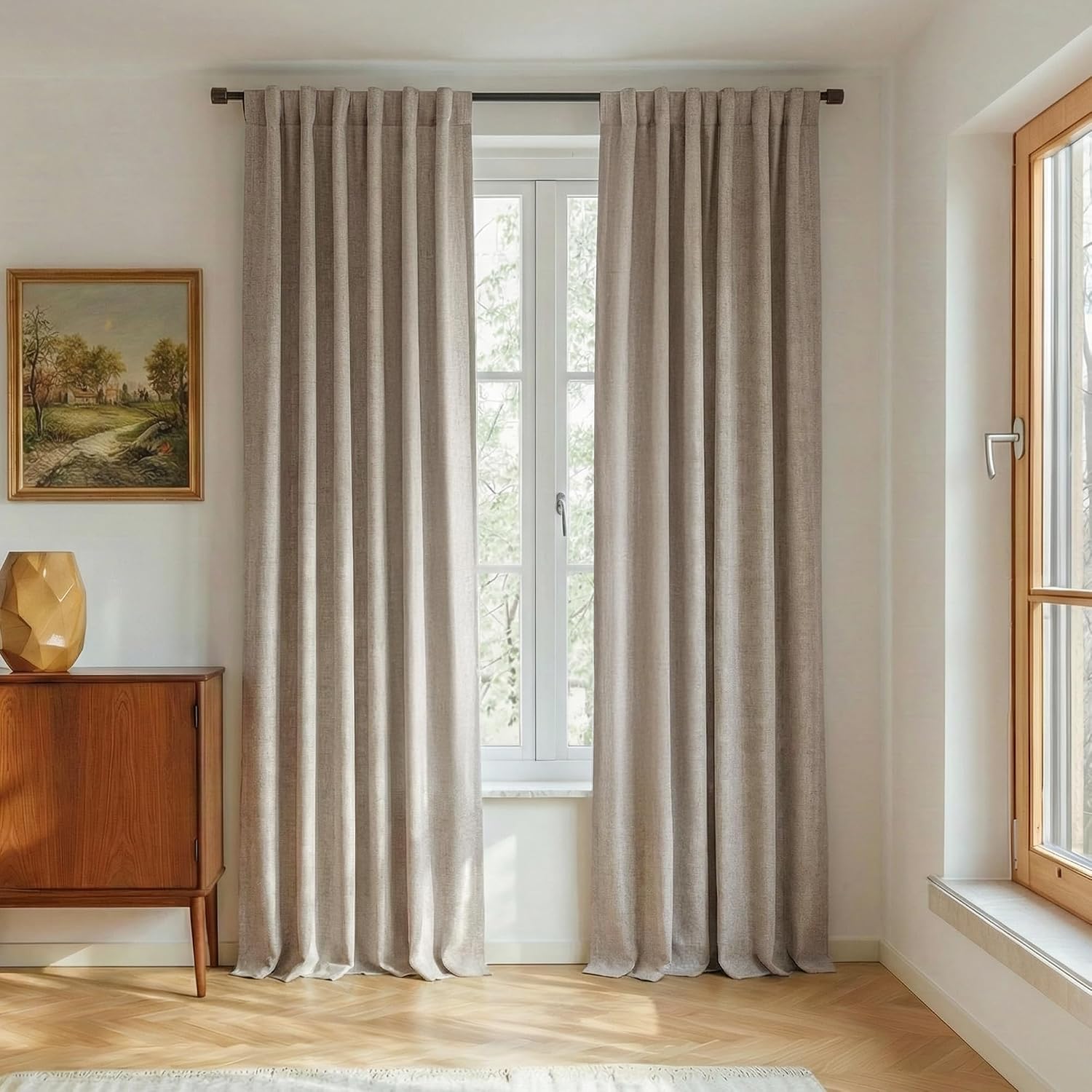 Natural Beige Linen Blackout Curtains 2 Pack