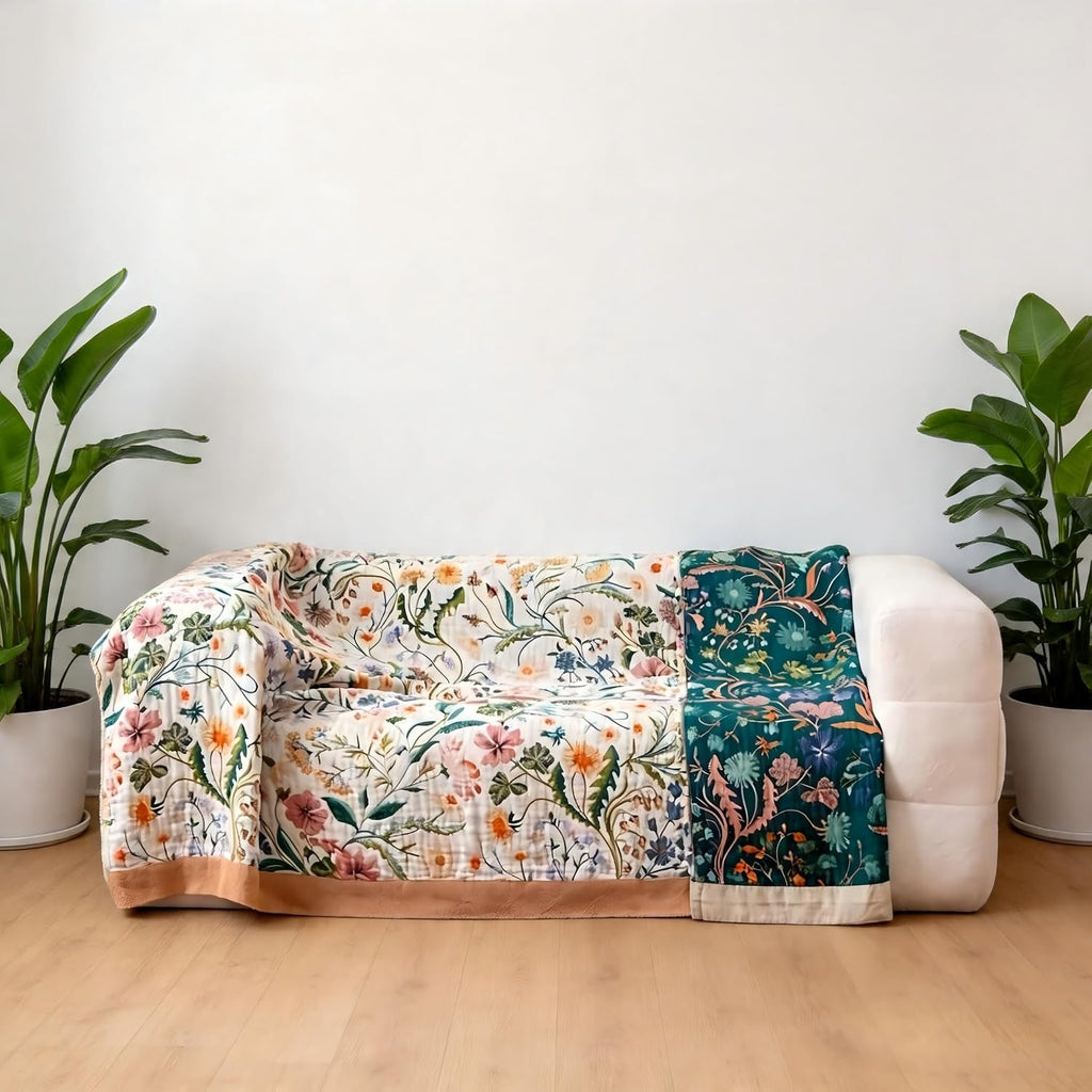 90x90 Floral Cotton Quilted Throw Blanket