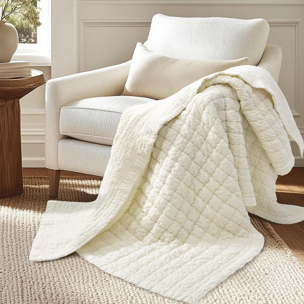Cream Grid Cotton Quilted Throw Blanket