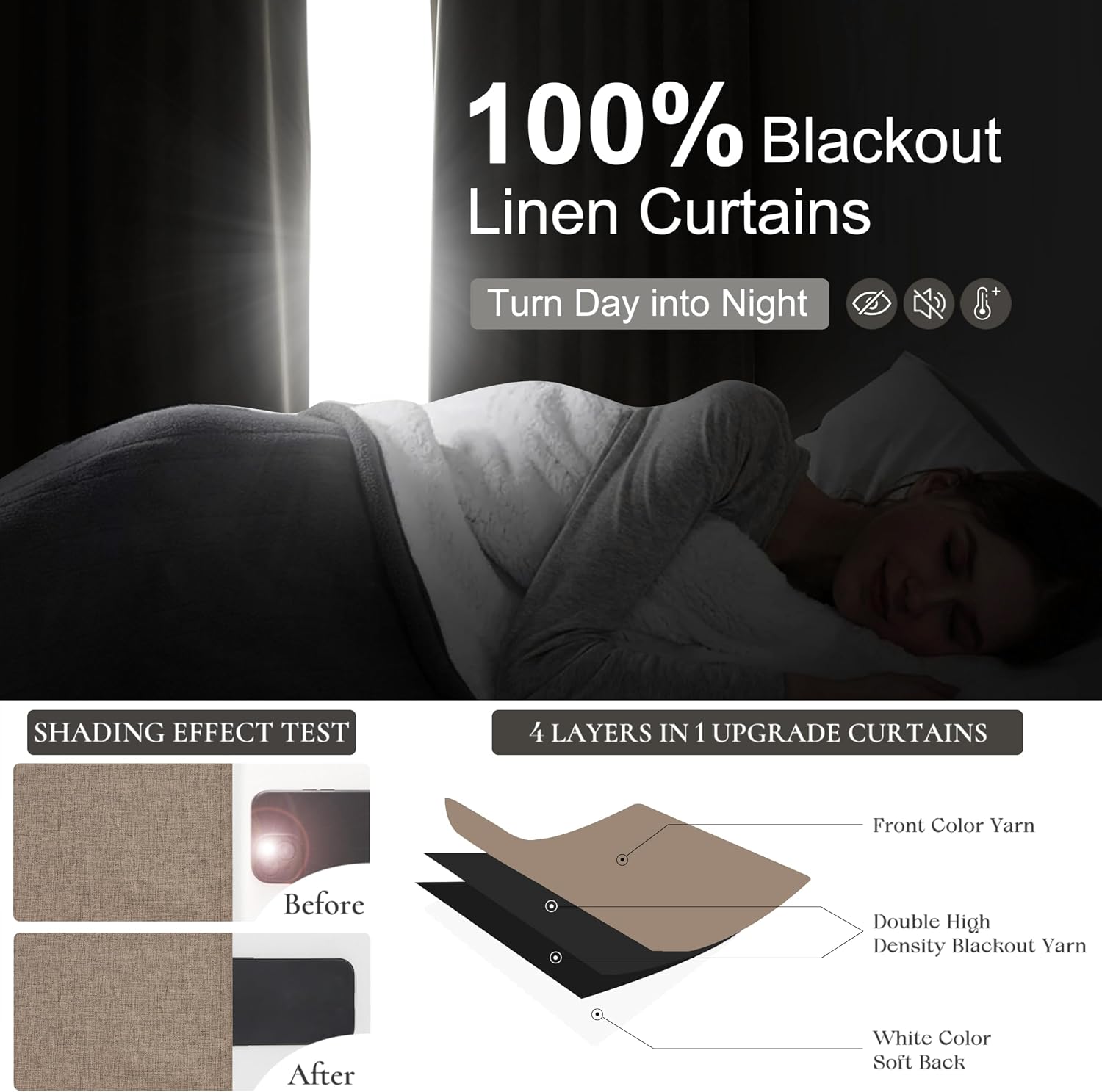 Dark Flax Linen Blackout Curtains 2 Pack