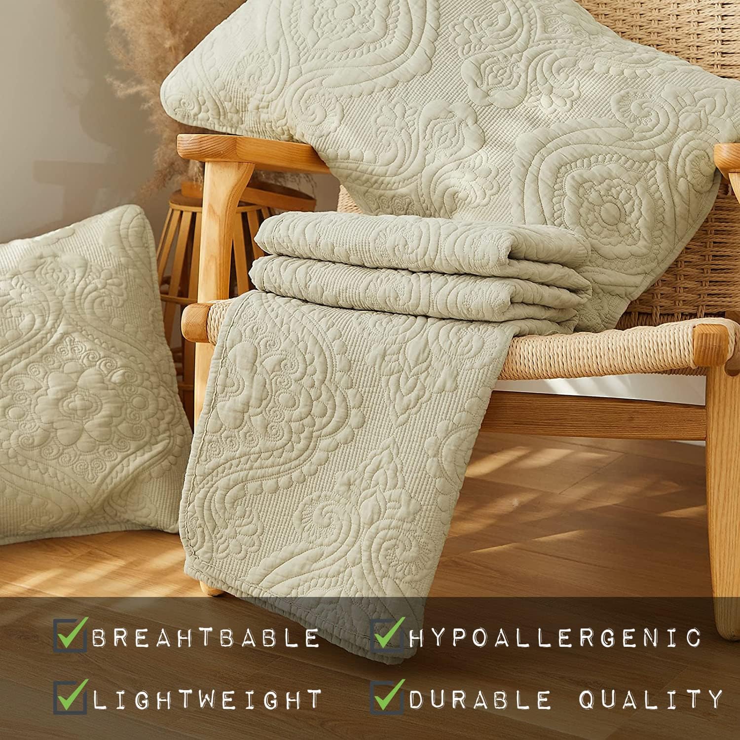 Beige Damask Cotton Quilted Throw Blanket