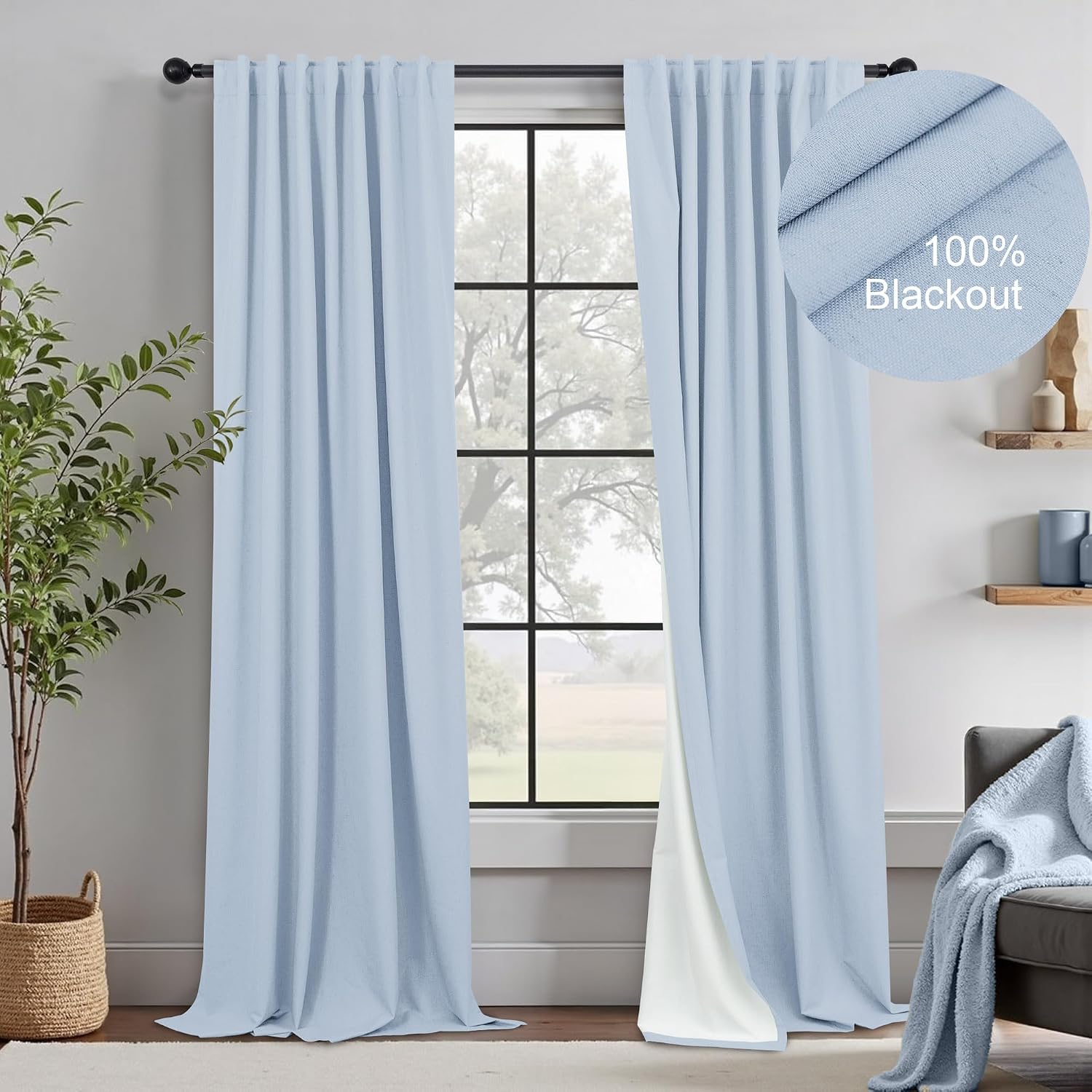 Light Blue Linen Blackout Curtains 2 Pack