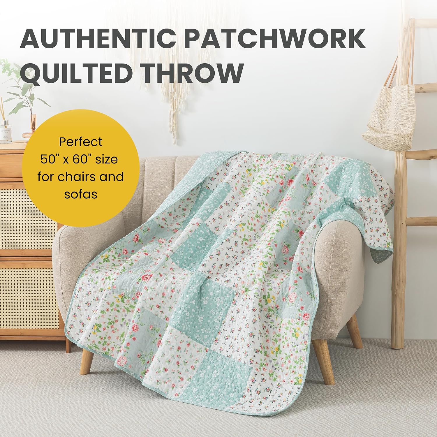 Blue Floral Patchwork Cotton Throw Blanket