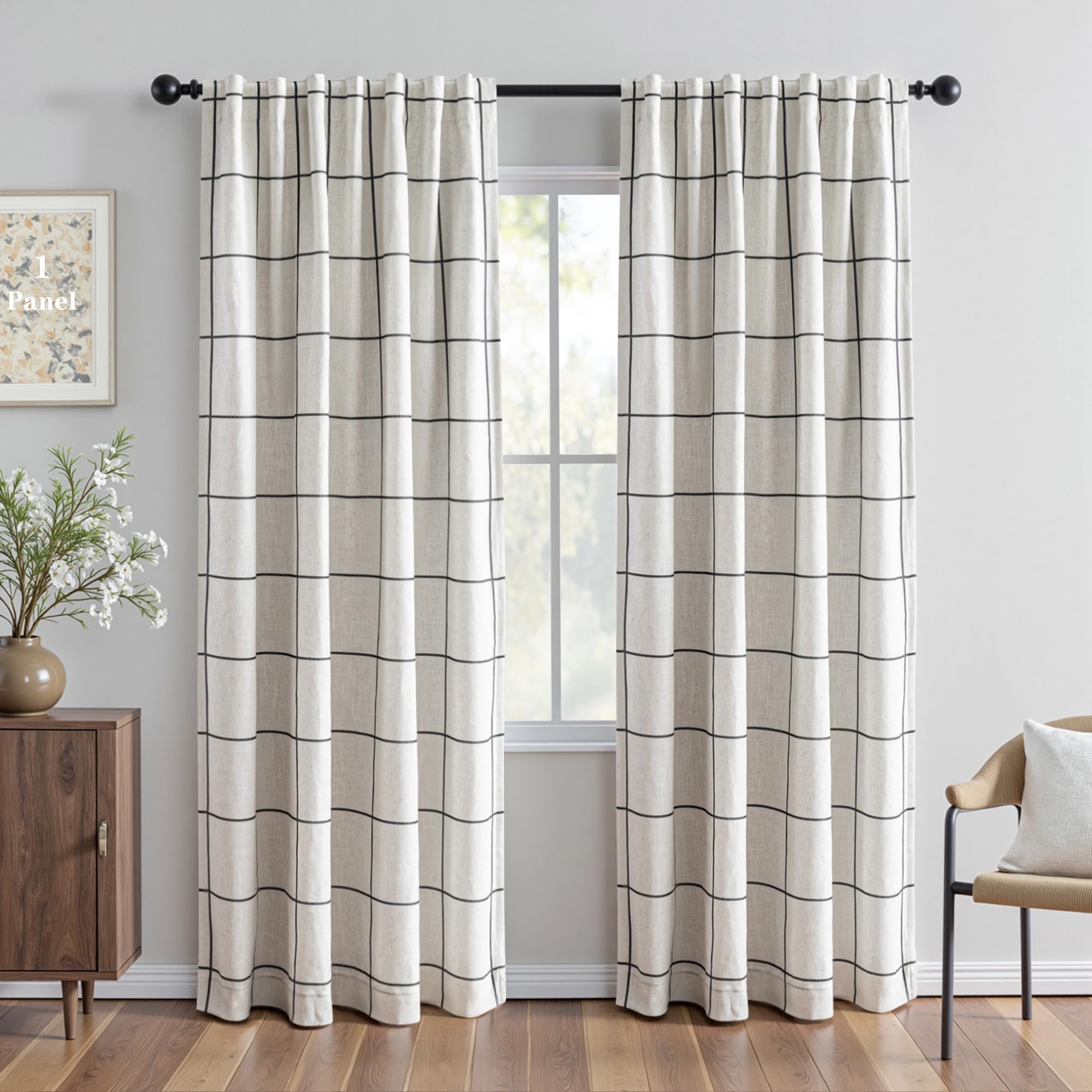 Black Plaid Linen Blackout Curtain 1 Panel