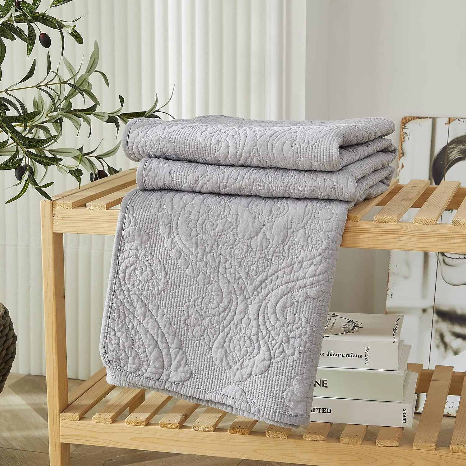Grey Damask Cotton Quilted Throw Blanket