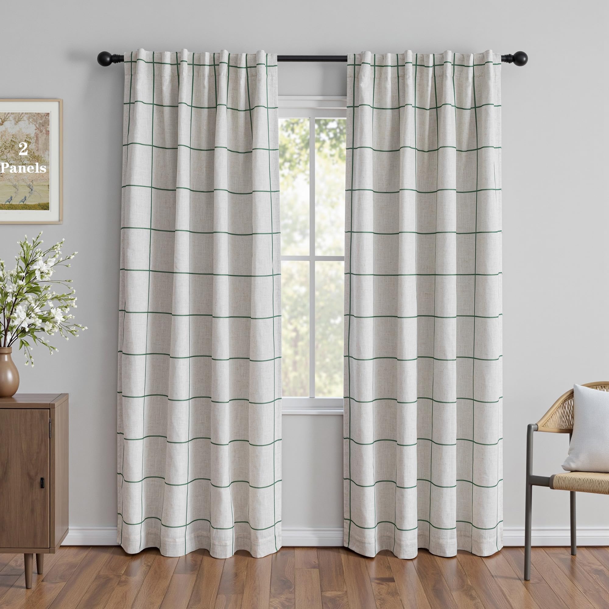 Black Plaid Linen Blackout Curtain 1 Panel