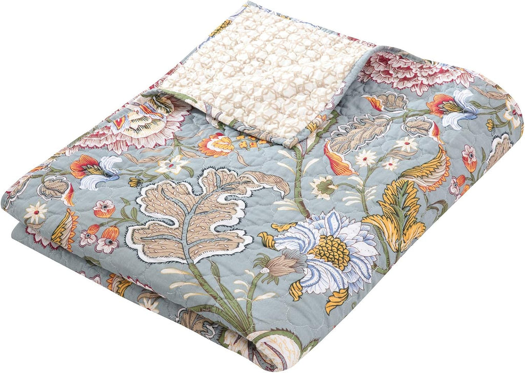 Blue Grey Coral Reversible Floral Throw Blanket