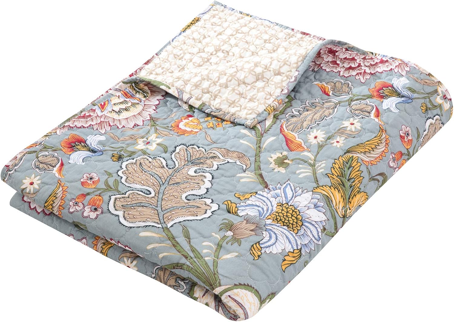 Blue Grey Coral Reversible Floral Throw Blanket