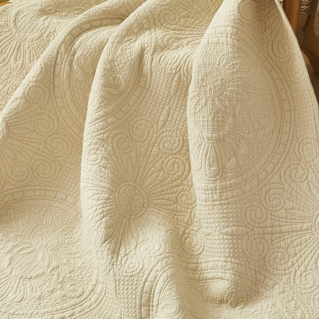 Beige Sunflower Cotton Quilted Throw Blanket