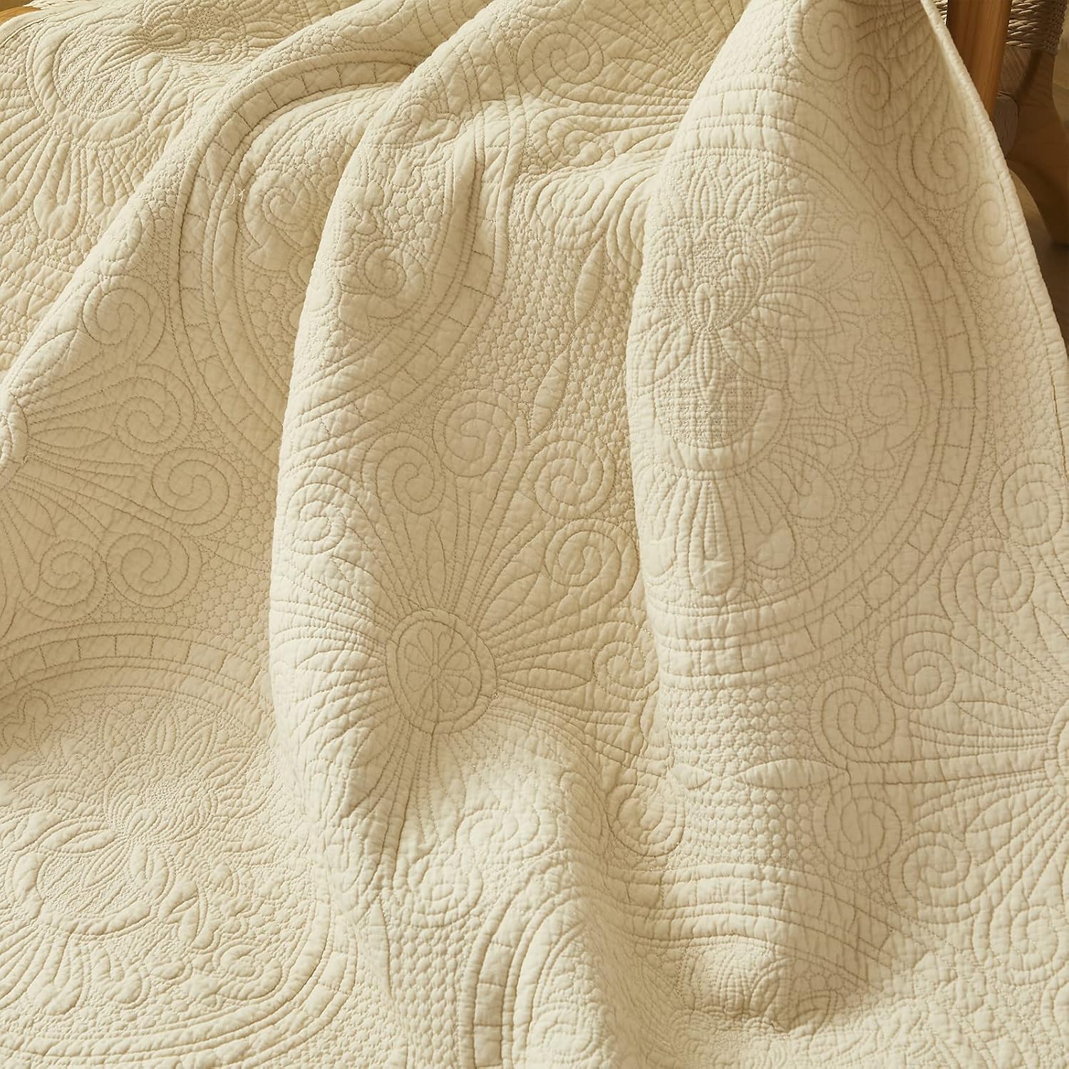 Beige Sunflower Cotton Quilted Throw Blanket