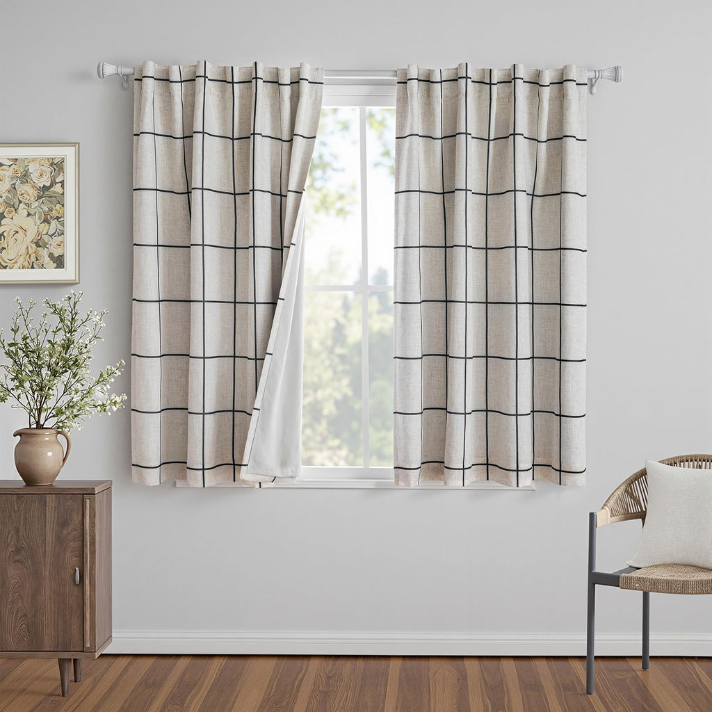 Black Plaid Linen Blackout Curtain 1 Panel