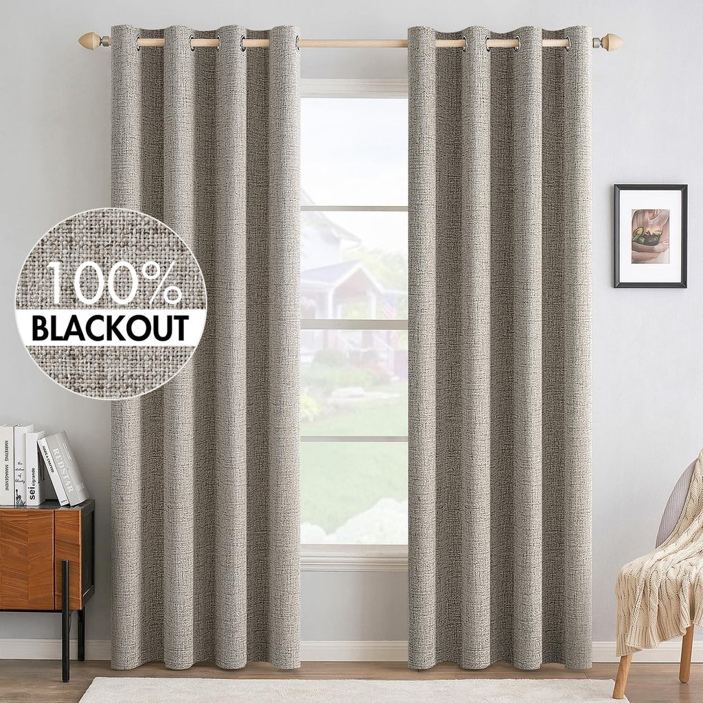 Greige Linen Blackout Grommet Curtains 2 Pack