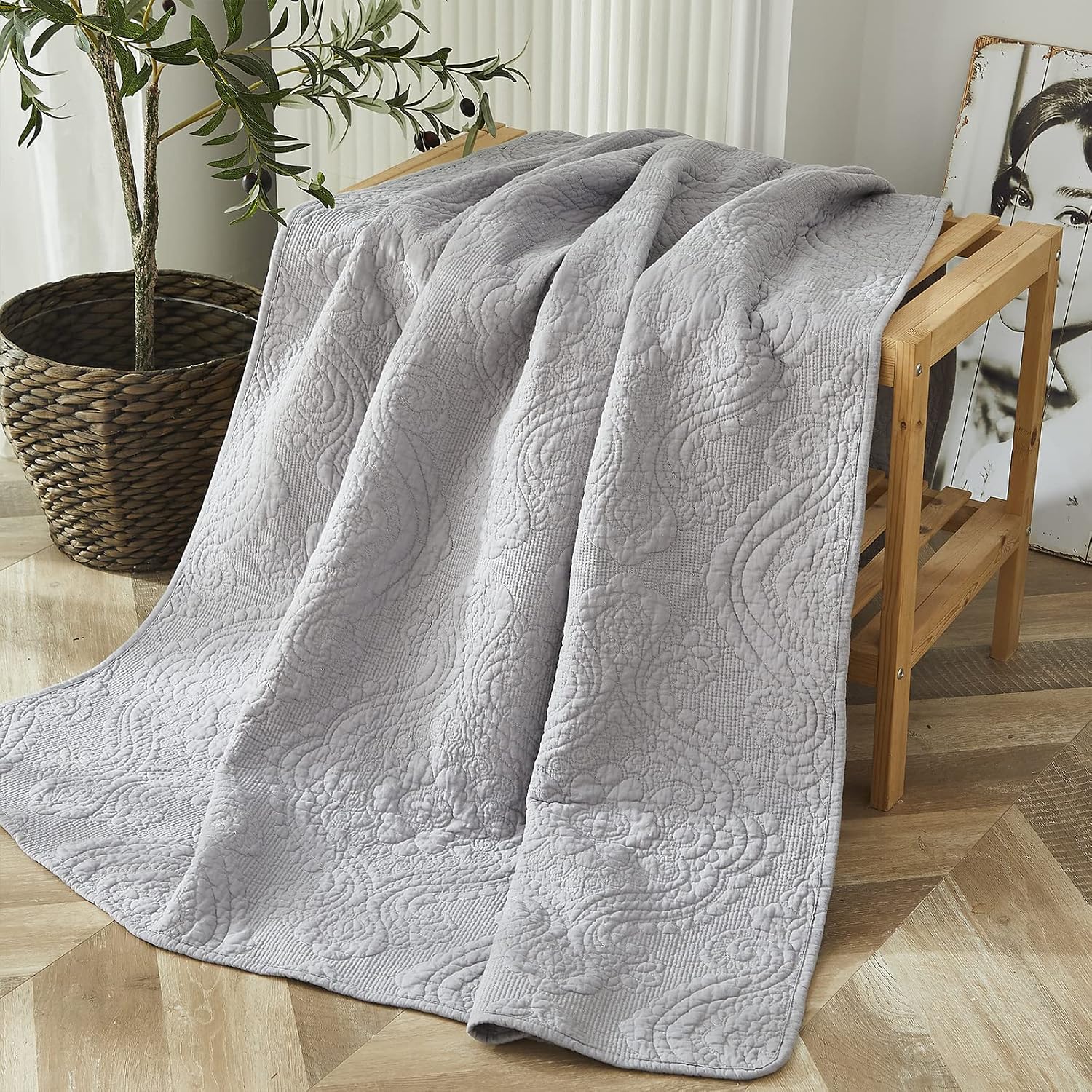 Grey Damask Cotton Quilted Throw Blanket