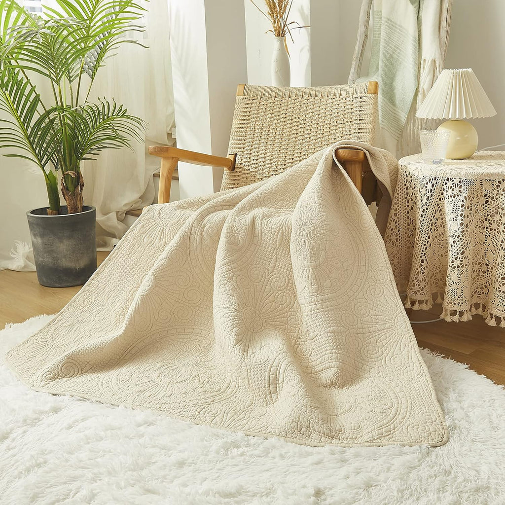 Beige Sunflower Cotton Quilted Throw Blanket