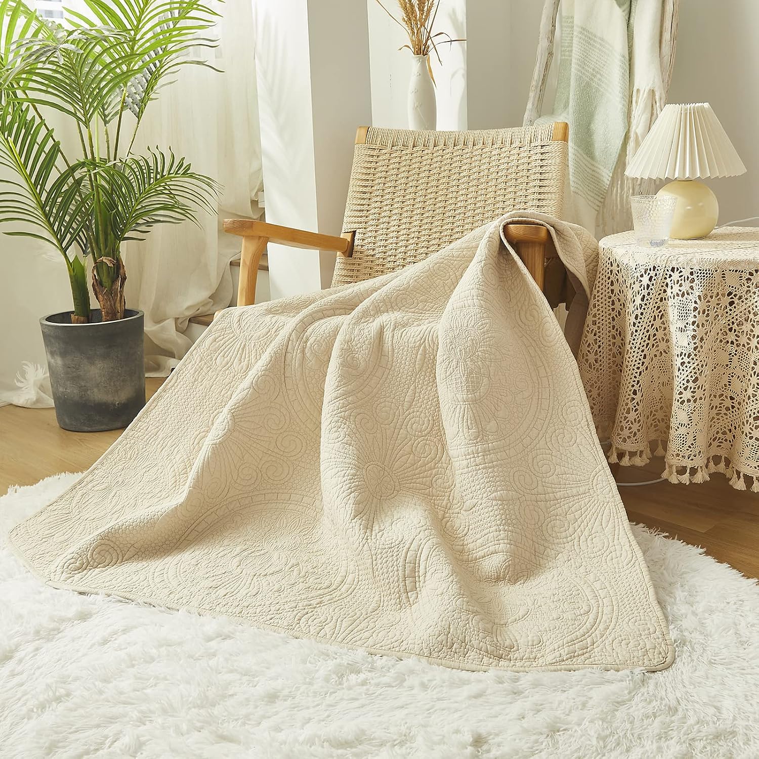 Beige Sunflower Cotton Quilted Throw Blanket