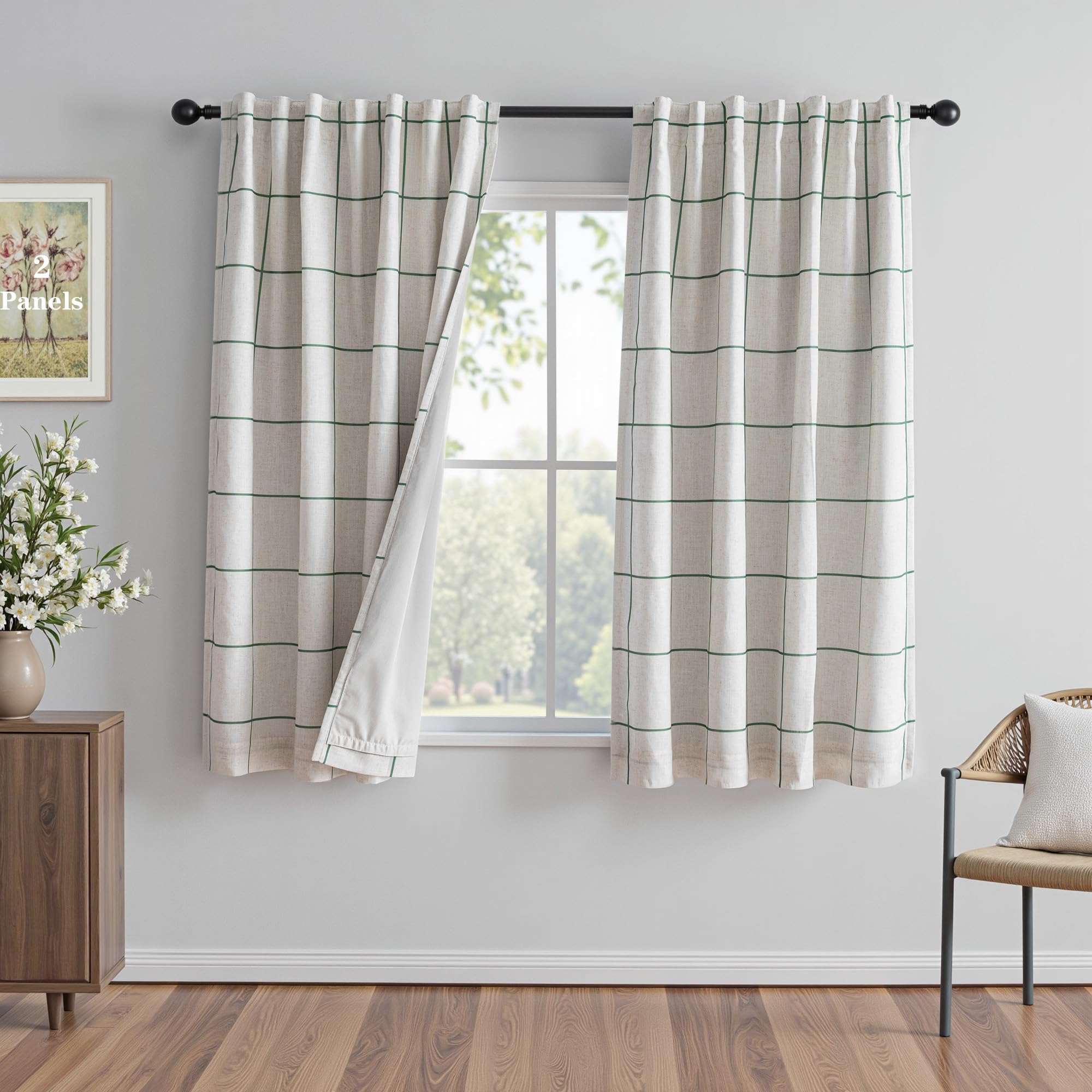 Black Plaid Linen Blackout Curtain 1 Panel