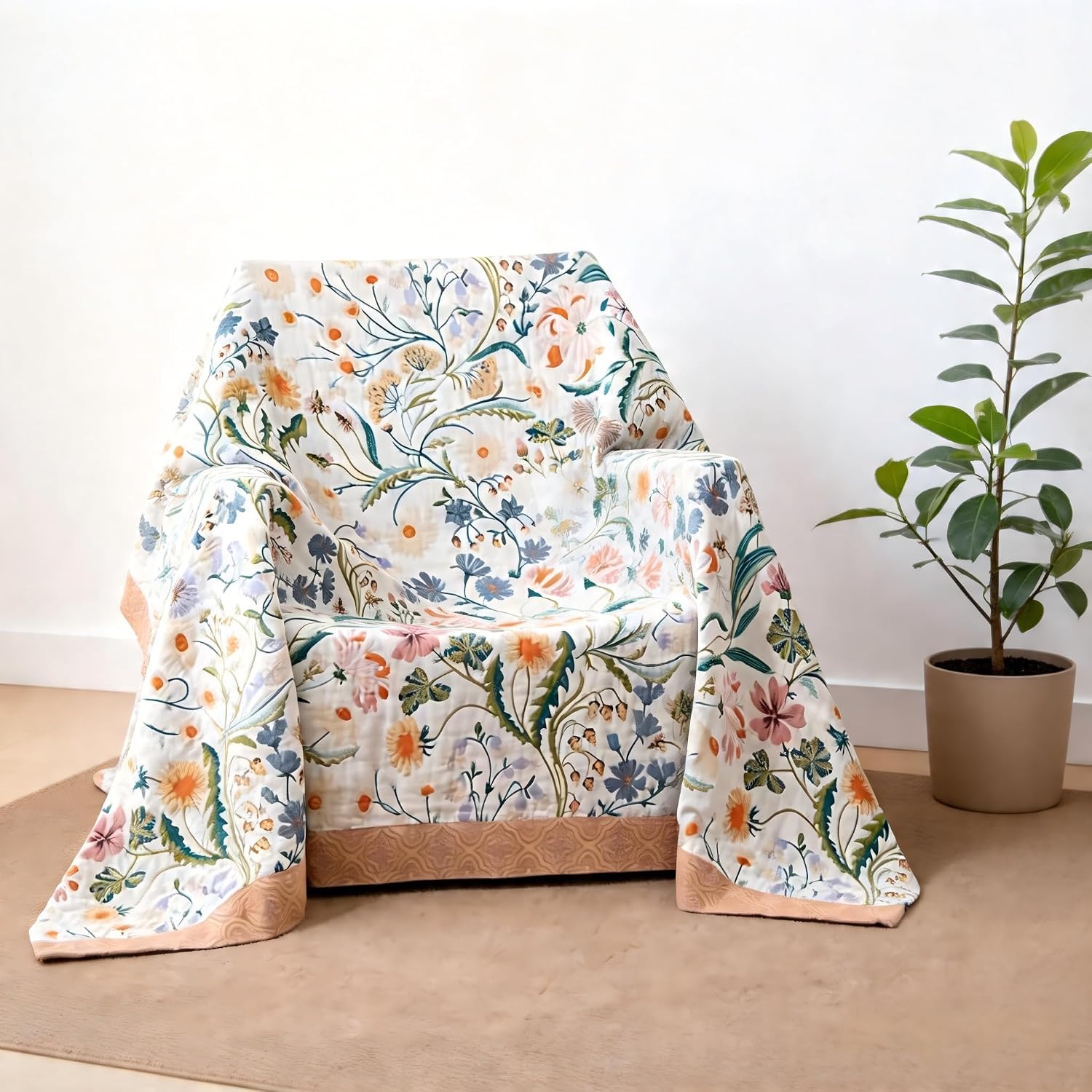 90x90 Floral Cotton Quilted Throw Blanket