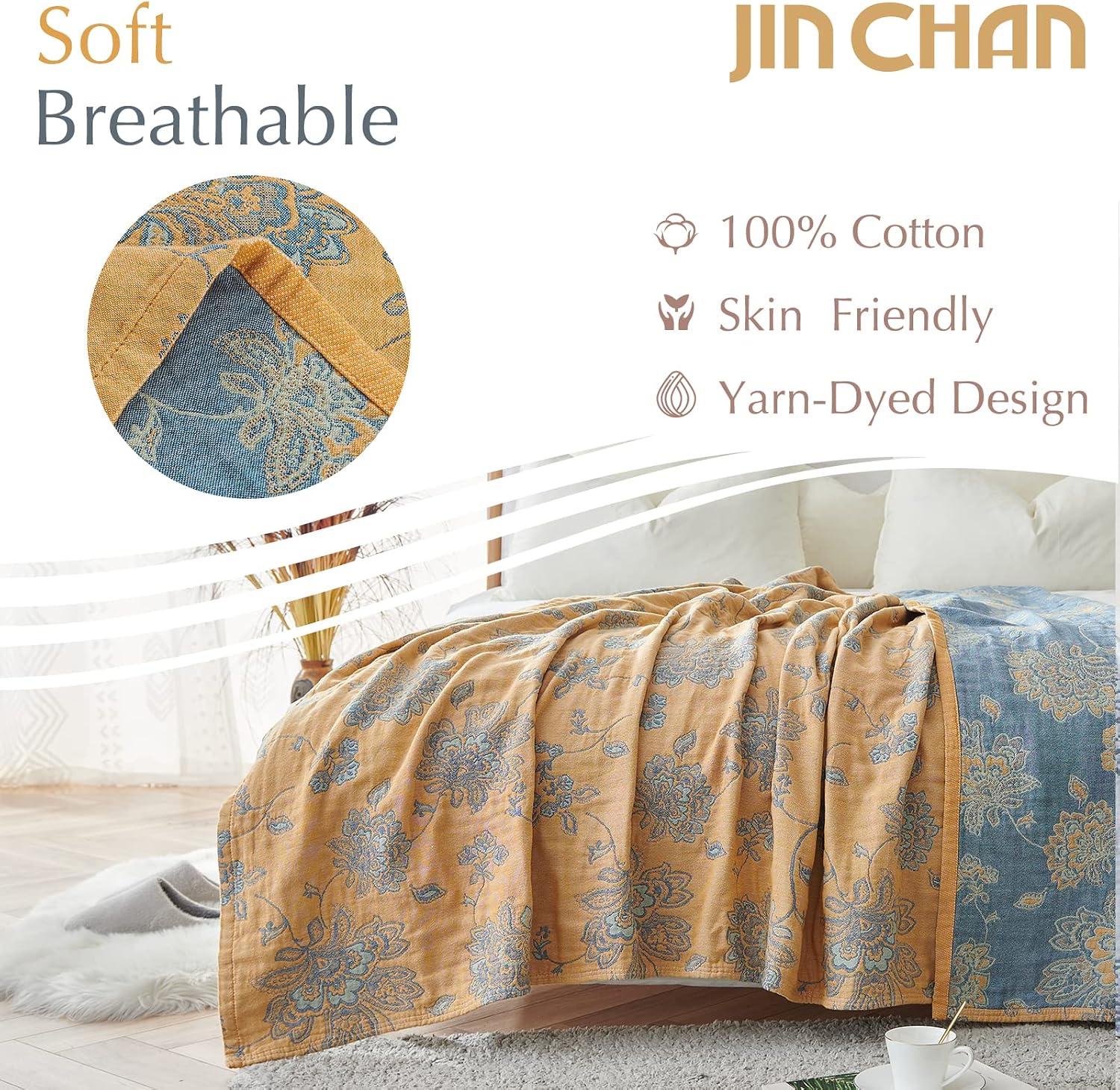 Yellow Blue Floral Muslin Throw Blanket Twin