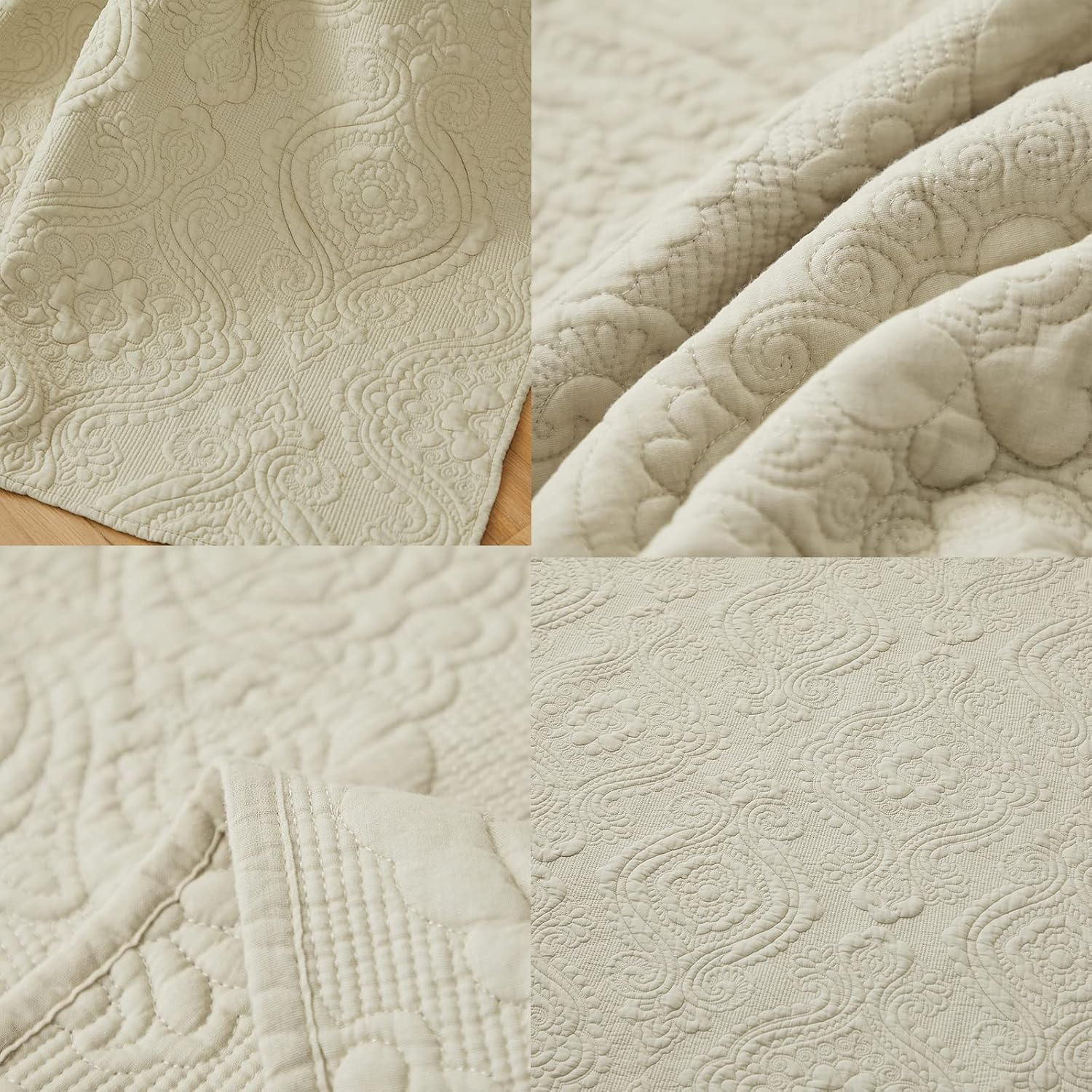 Beige Damask Cotton Quilted Throw Blanket