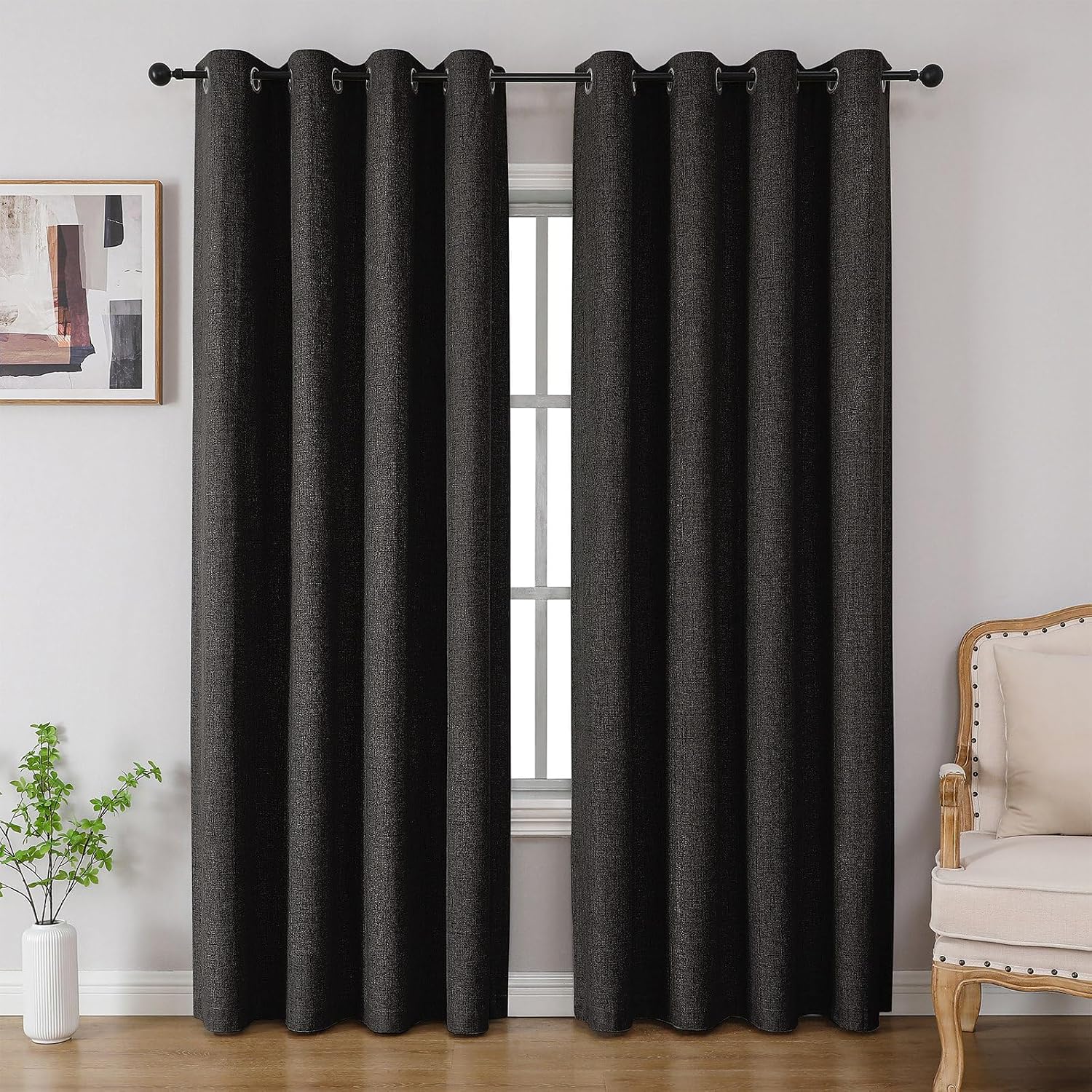 Black Linen Textured Blackout Curtains 2 Pack