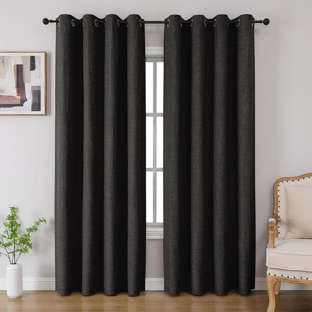 Black Linen Textured Blackout Curtains 2 Pack