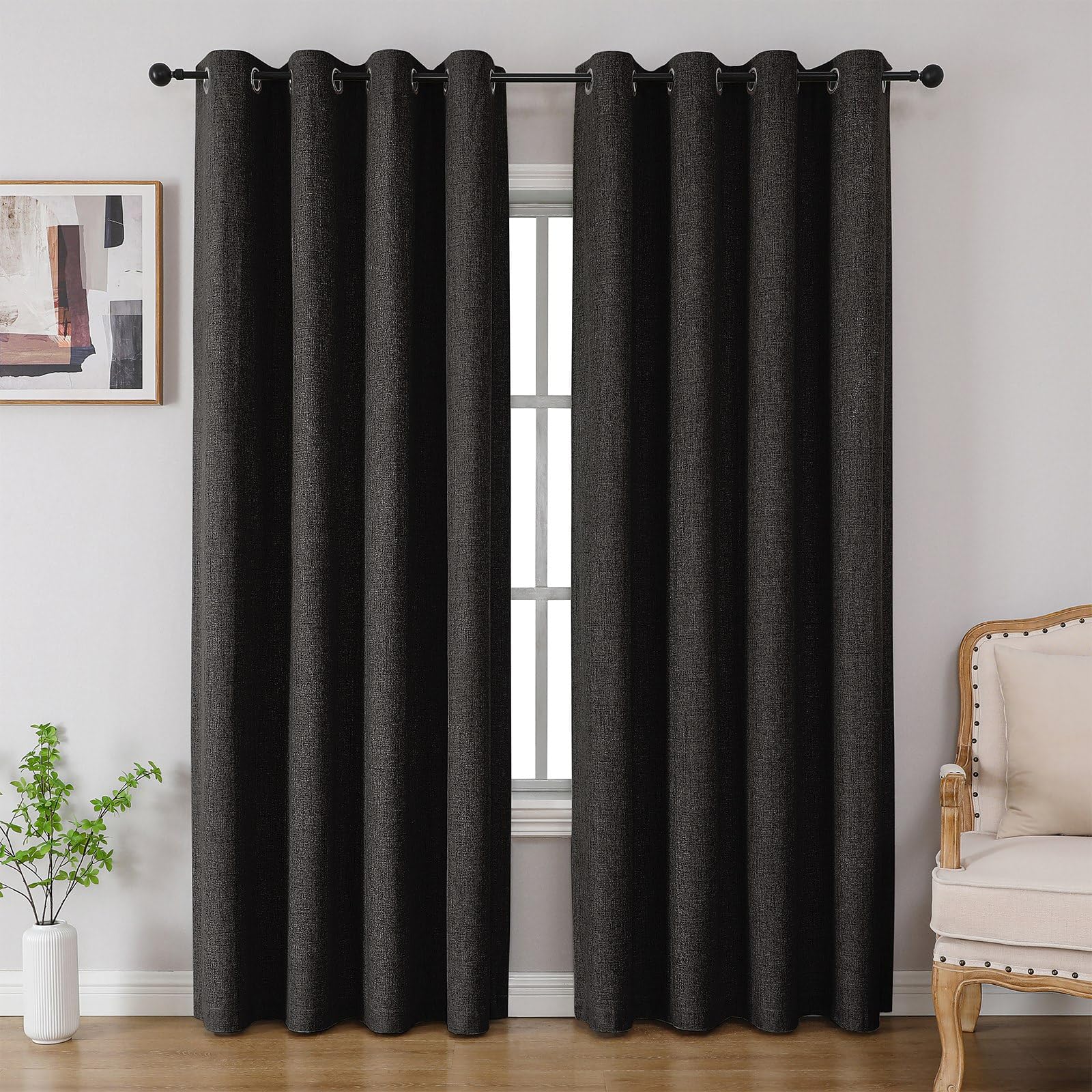 Black Linen Textured Blackout Curtains 2 Pack