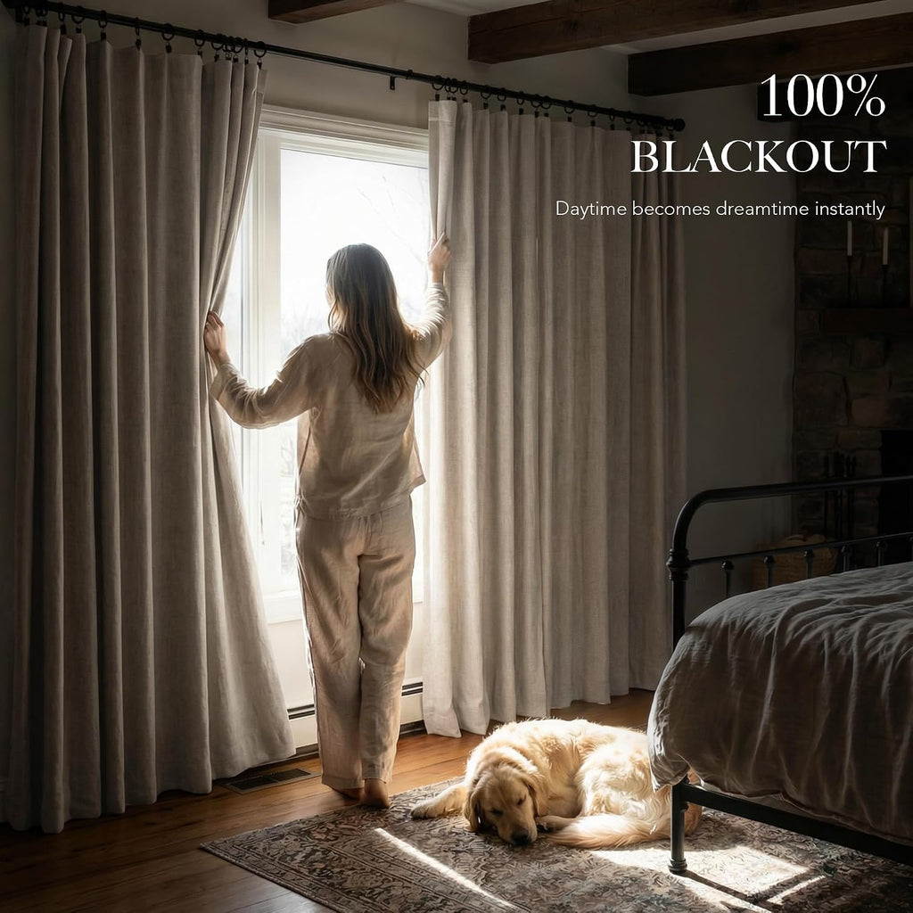 Natural Beige Linen Blackout Curtains 2 Pack